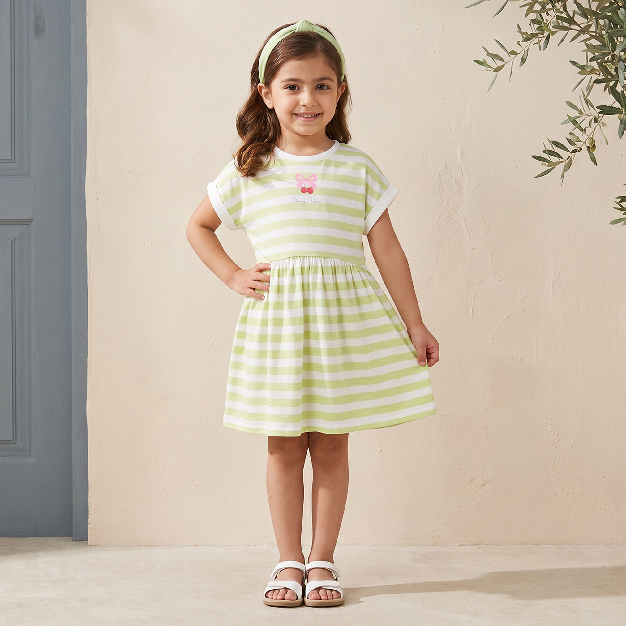 Juniors Crew Neck Short Sleeves Knee Length A-line Dress with Stripes-girls-clothing-dressesandjumpsuits-image-6