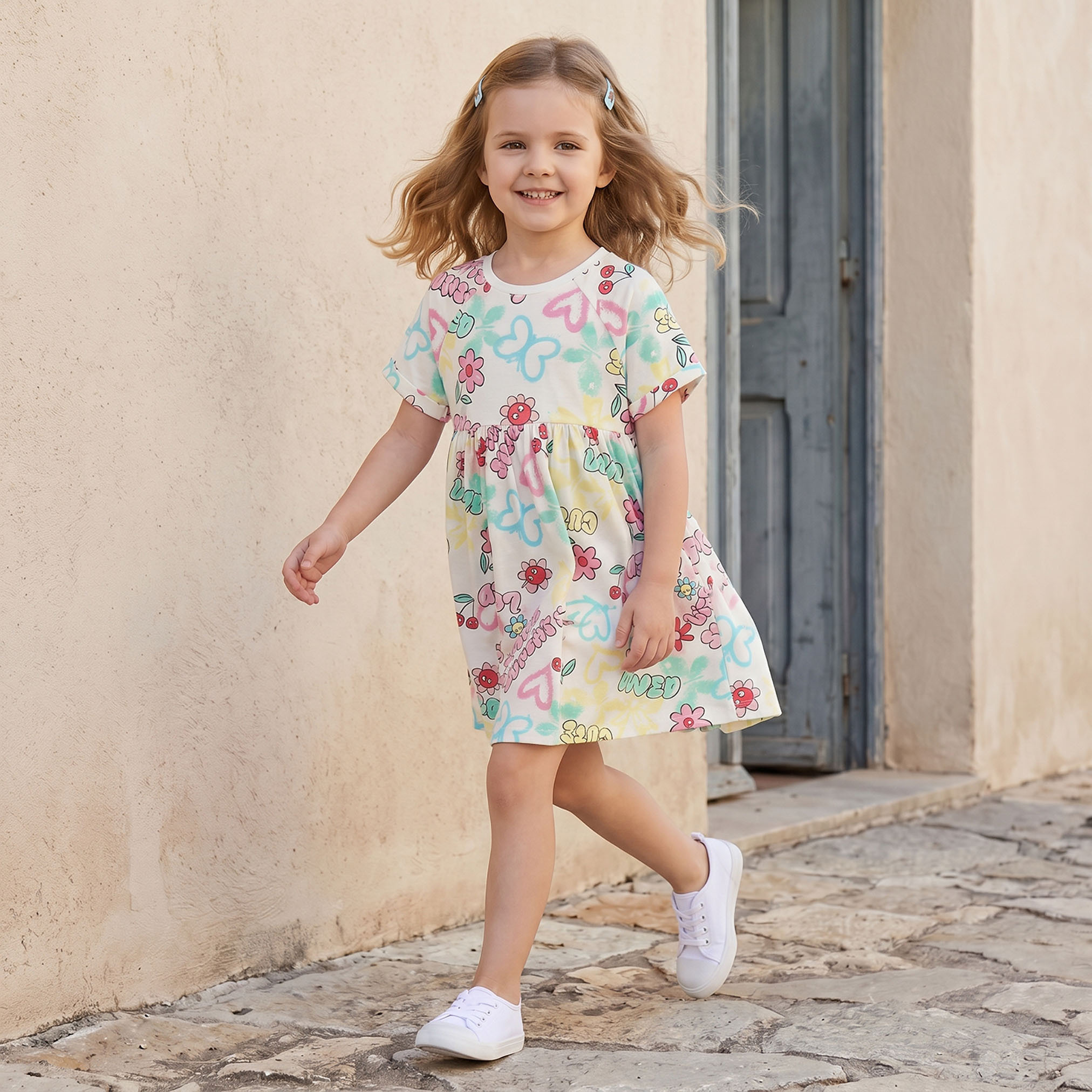 Juniors Round Neck Short Sleeves Knee Length A-line Dress with Floral Print-girls-clothing-dressesandjumpsuits-image-1