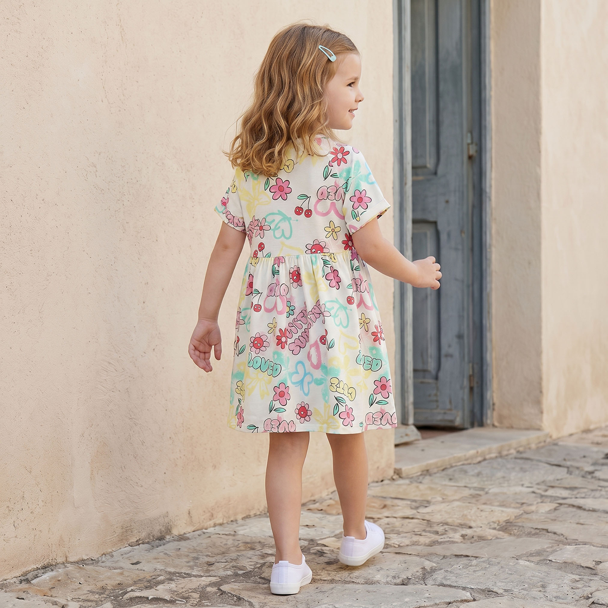 Juniors Round Neck Short Sleeves Knee Length A-line Dress with Floral Print-girls-clothing-dressesandjumpsuits-image-2
