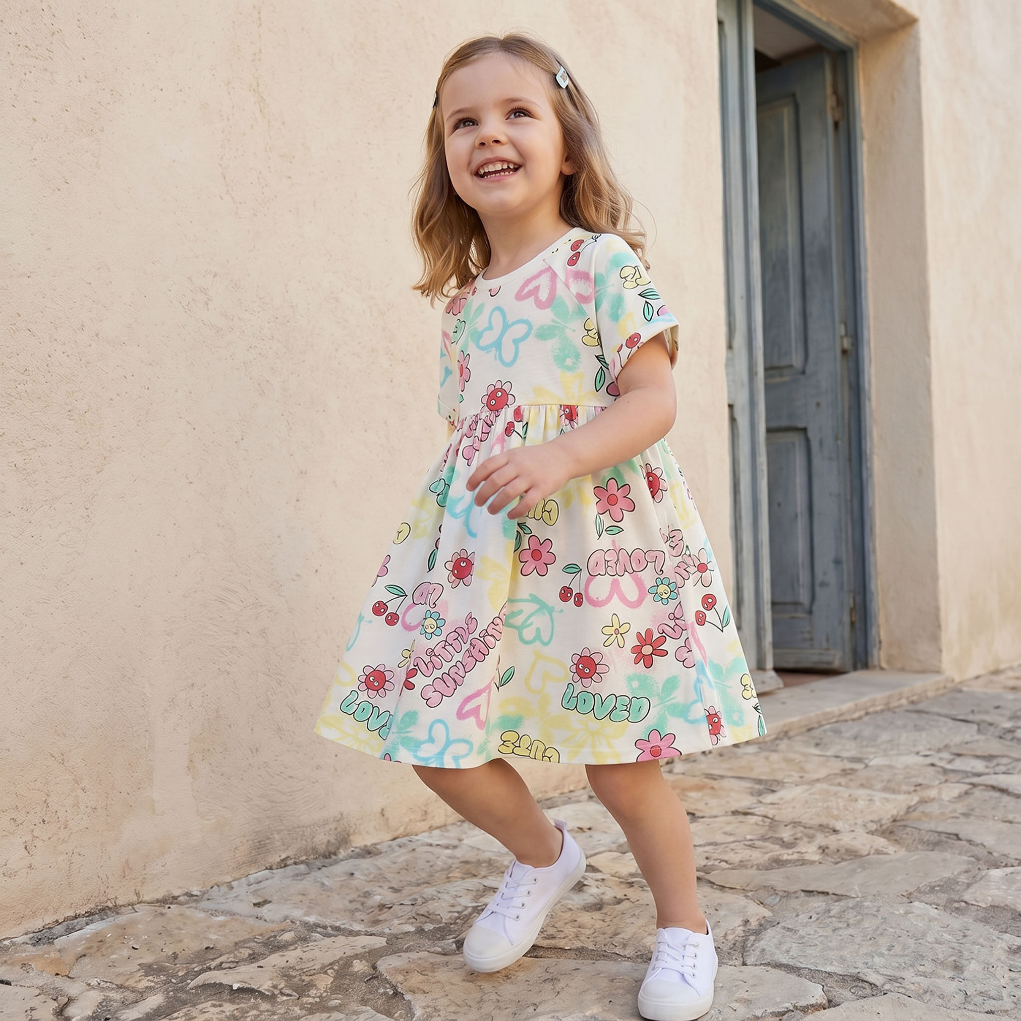 Juniors Round Neck Short Sleeves Knee Length A-line Dress with Floral Print-girls-clothing-dressesandjumpsuits-image-4