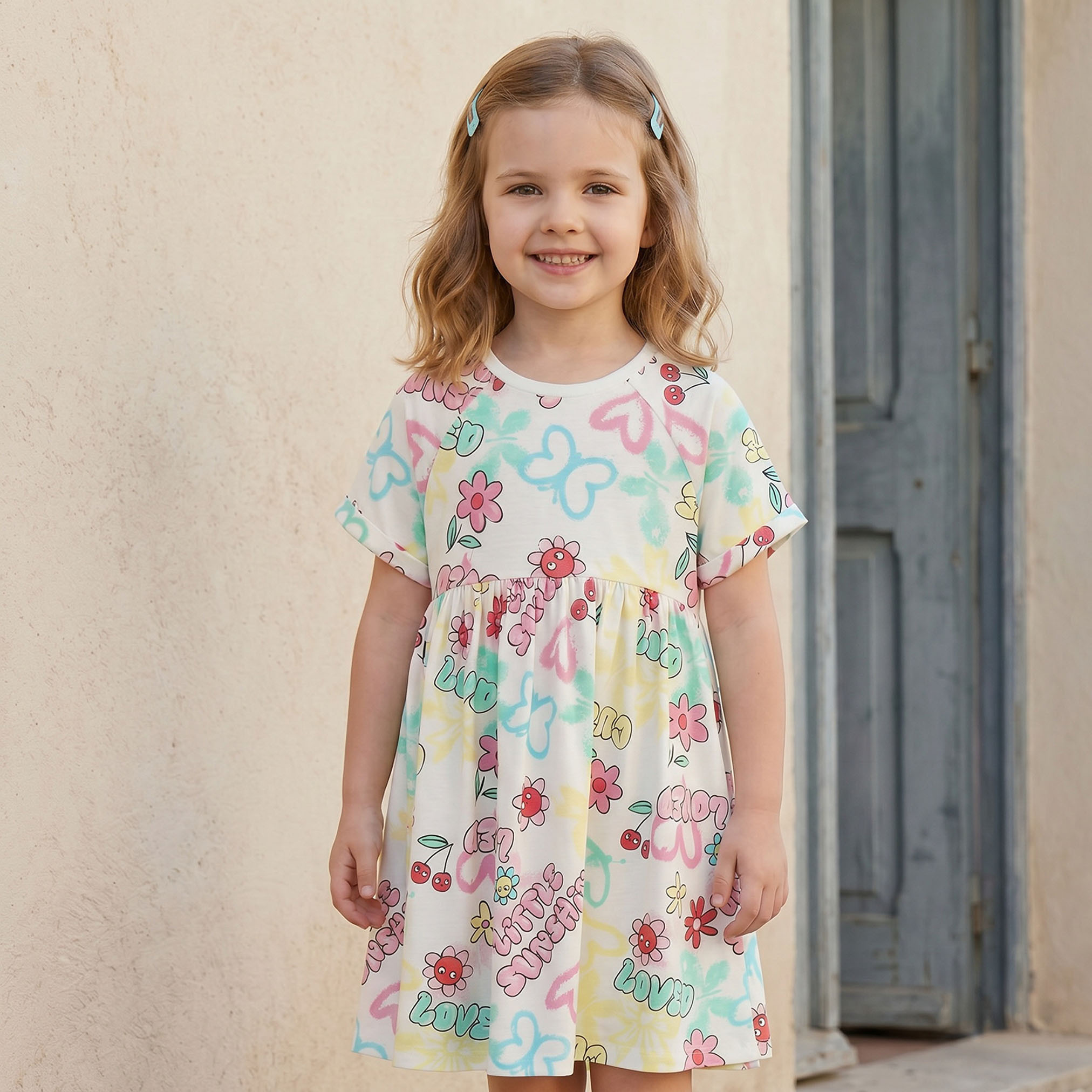 Juniors Round Neck Short Sleeves Knee Length A-line Dress with Floral Print-girls-clothing-dressesandjumpsuits-image-5