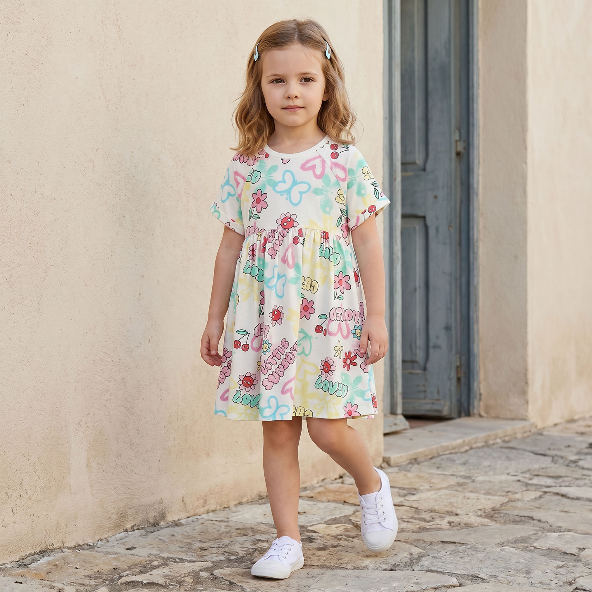 Juniors Round Neck Short Sleeves Knee Length A-line Dress with Floral Print-girls-clothing-dressesandjumpsuits-image-6