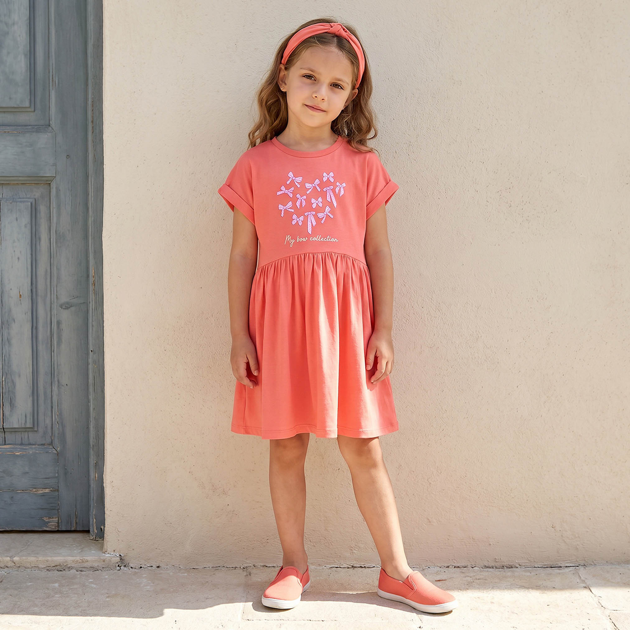 Juniors Round Neck Short Sleeves Knee Length A-line Dress with Bow Print-girls-clothing-dressesandjumpsuits-image-1