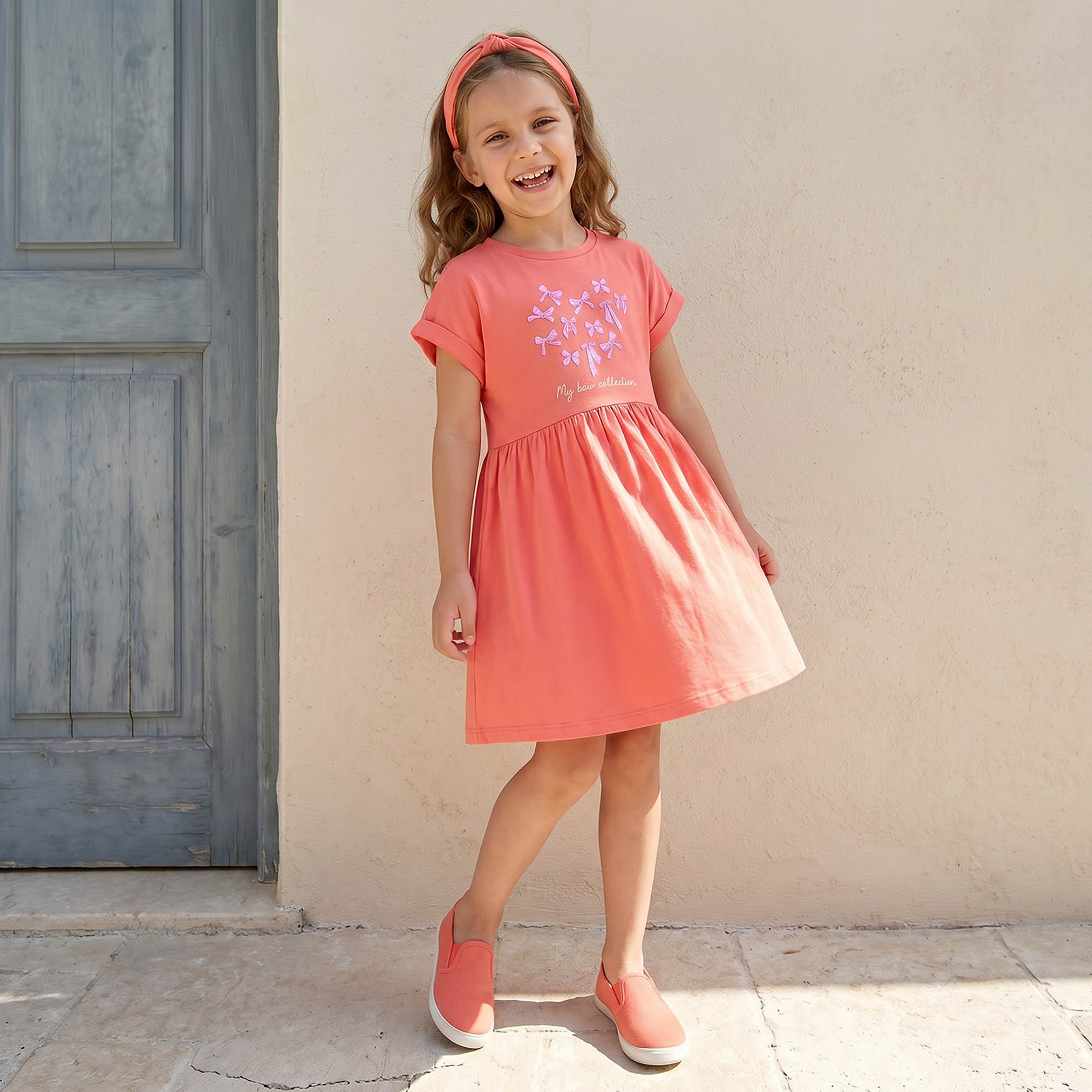 Juniors Round Neck Short Sleeves Knee Length A-line Dress with Bow Print-girls-clothing-dressesandjumpsuits-image-2
