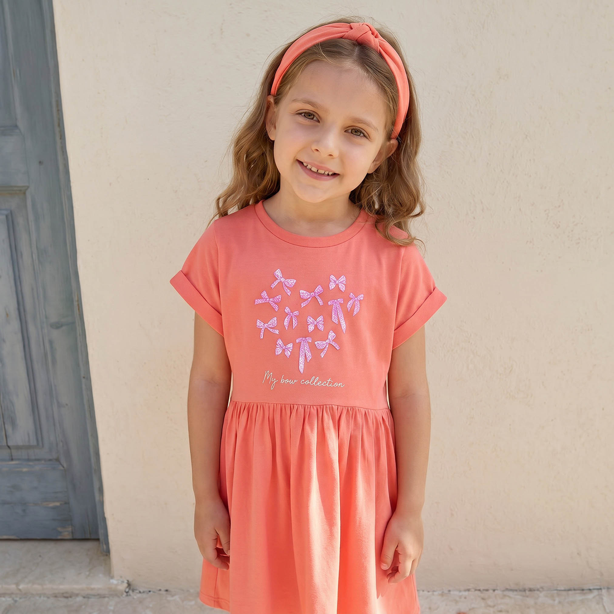 Juniors Round Neck Short Sleeves Knee Length A-line Dress with Bow Print-girls-clothing-dressesandjumpsuits-image-5