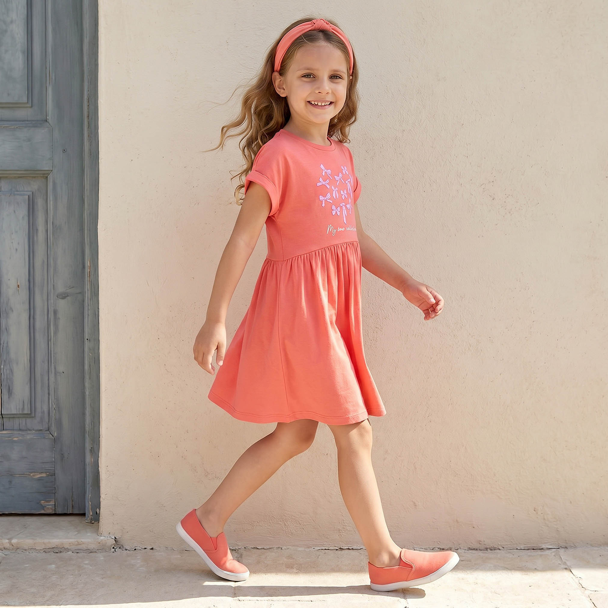 Juniors Round Neck Short Sleeves Knee Length A-line Dress with Bow Print-girls-clothing-dressesandjumpsuits-image-6