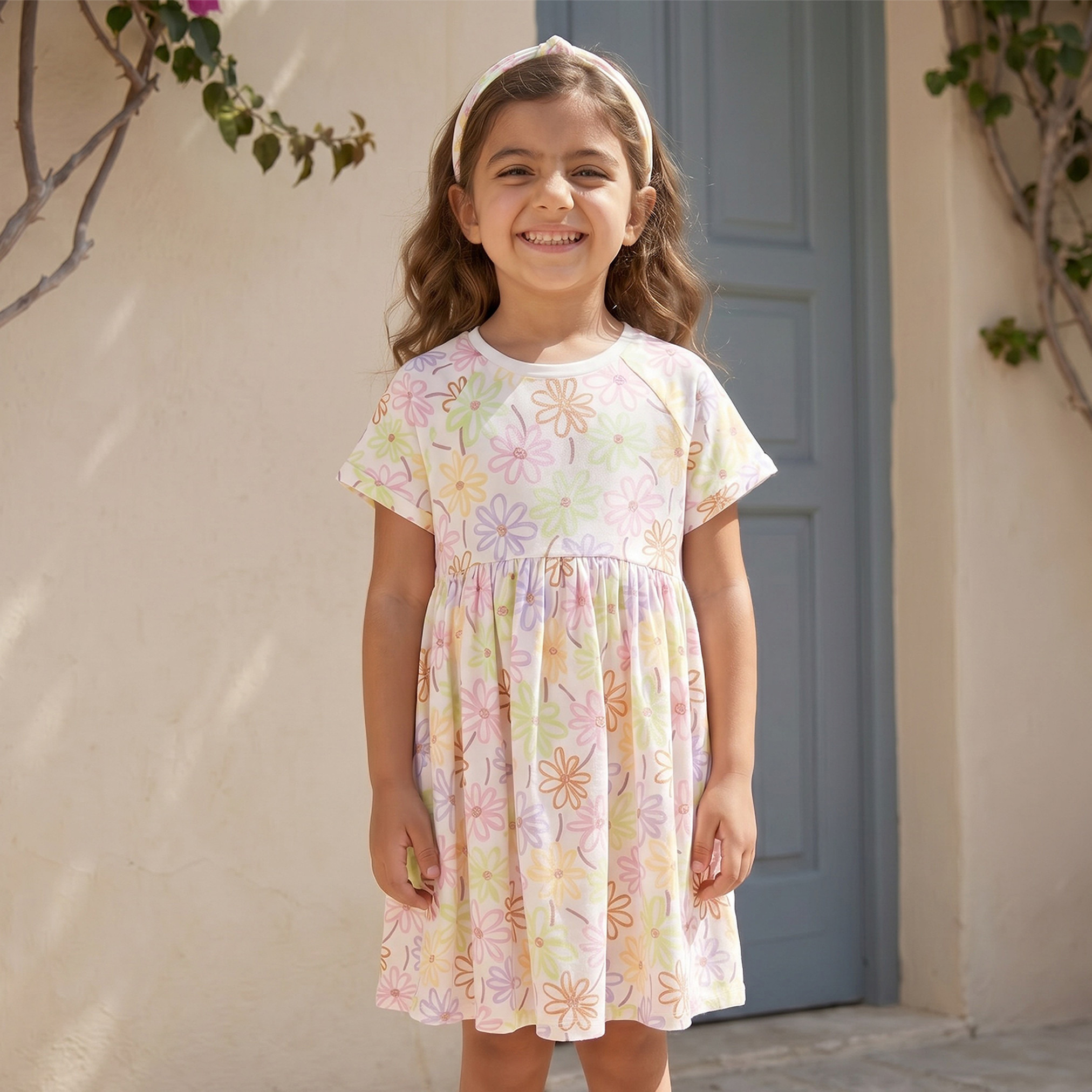 Juniors Round Neck Short Sleeves Knee Length A-line Dress with Floral Print-girls-clothing-dressesandjumpsuits-image-1