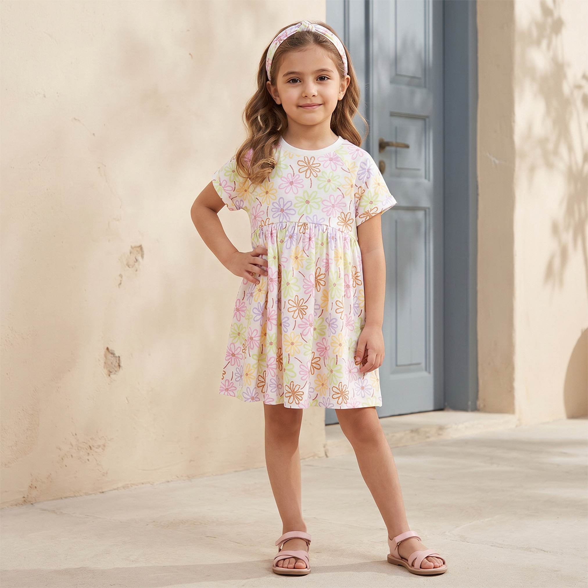 Juniors Round Neck Short Sleeves Knee Length A-line Dress with Floral Print-girls-clothing-dressesandjumpsuits-image-2