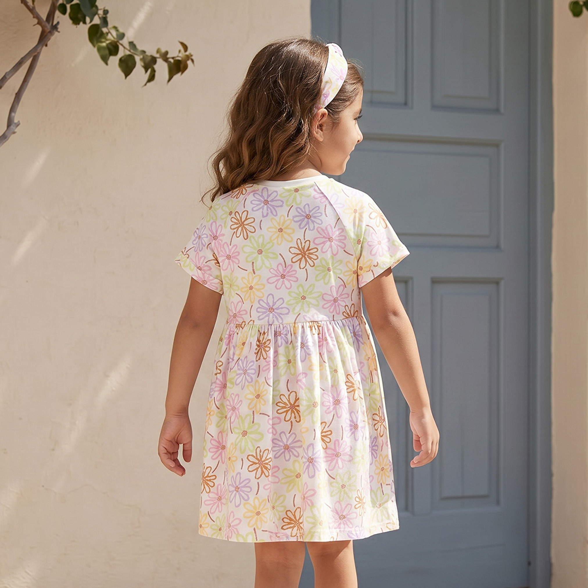 Juniors Round Neck Short Sleeves Knee Length A-line Dress with Floral Print-girls-clothing-dressesandjumpsuits-image-3