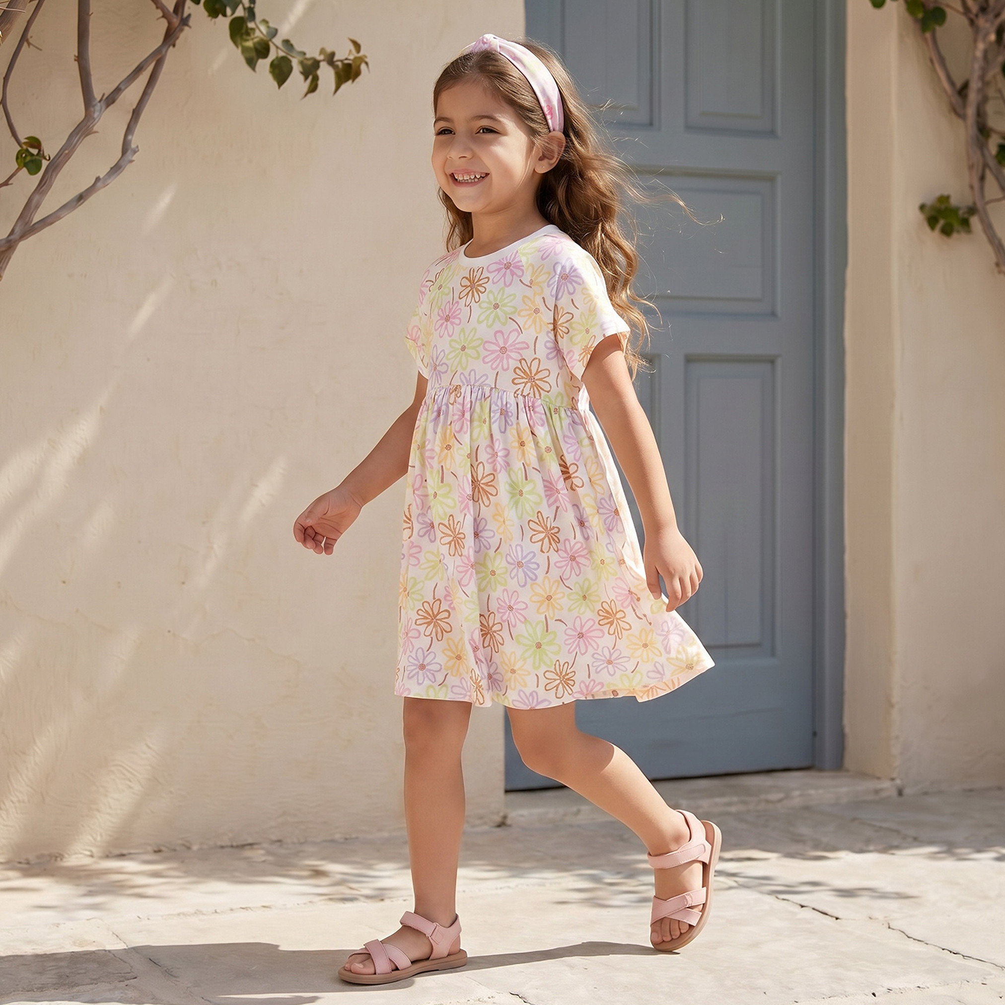 Juniors Round Neck Short Sleeves Knee Length A-line Dress with Floral Print-girls-clothing-dressesandjumpsuits-image-5