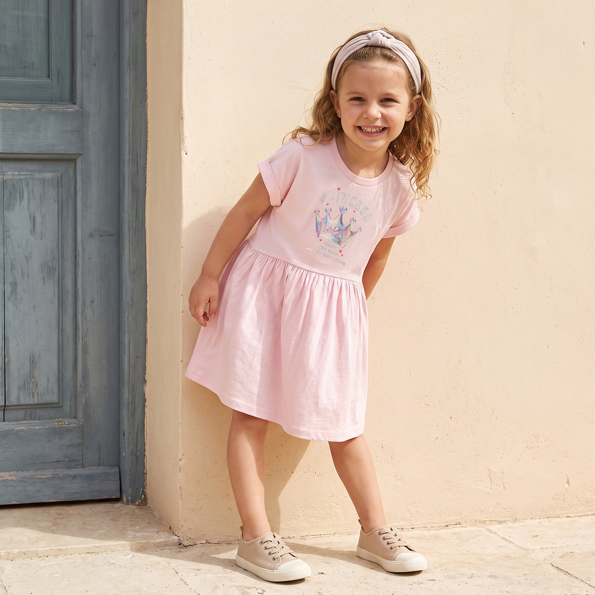 Juniors Round Neck Short Sleeves Knee Length A-Line Dress with Graphic Print-girls-clothing-dressesandjumpsuits-image-6