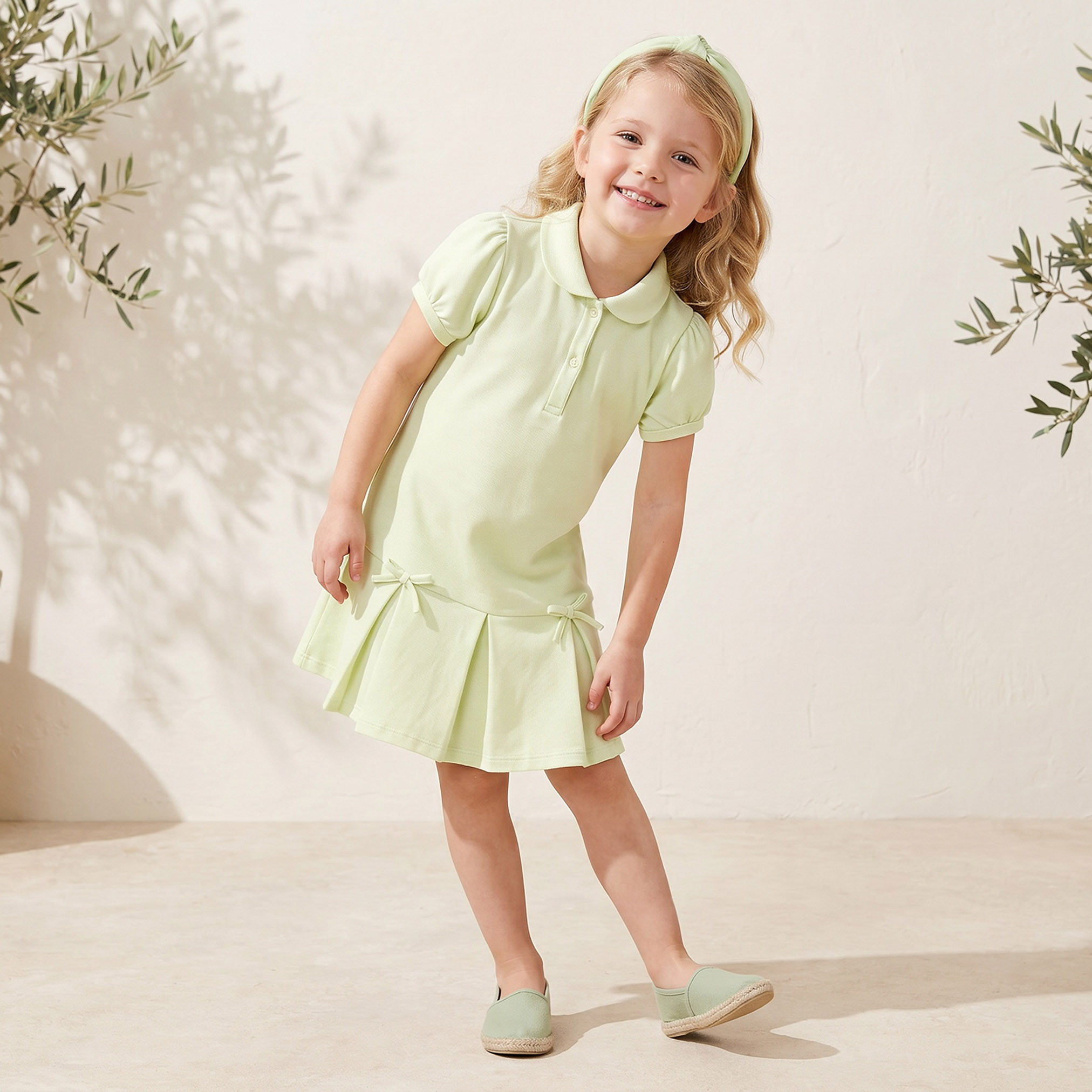 Juniors Collared Short Sleeves Knee Length Polo Dress with Bow Detail-girls-clothing-dressesandjumpsuits-image-1
