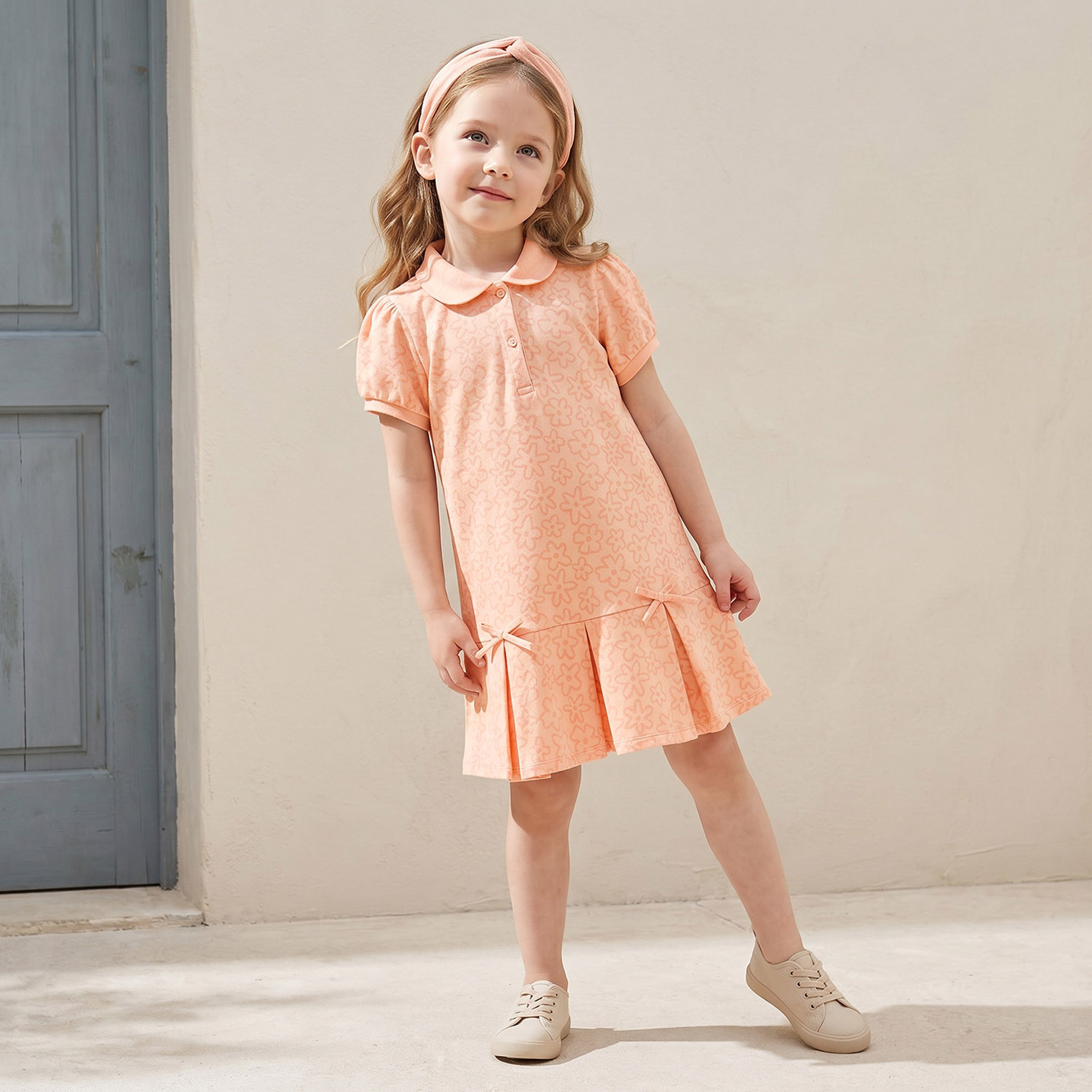 Juniors Collared Short Sleeves Knee Length Polo Dress with Floral Print-girls-clothing-dressesandjumpsuits-image-1