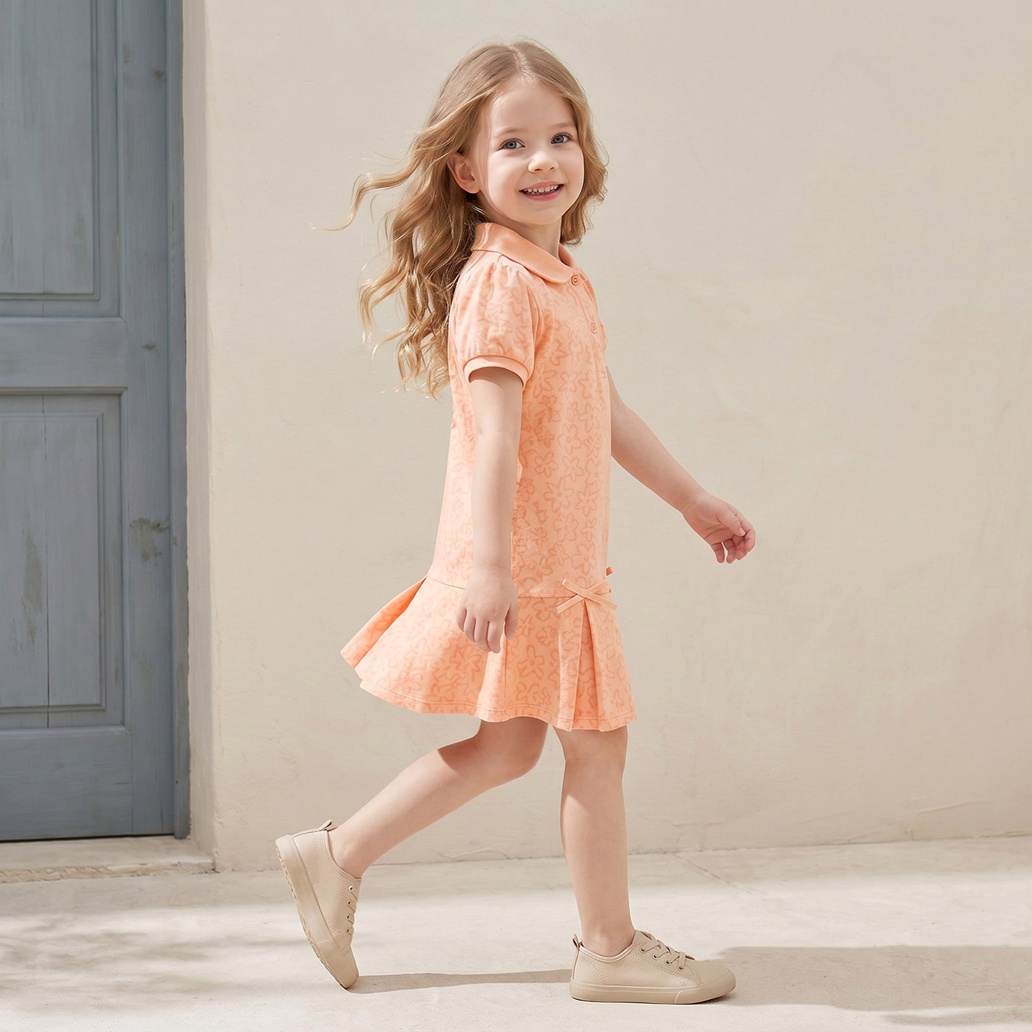 Juniors Collared Short Sleeves Knee Length Polo Dress with Floral Print-girls-clothing-dressesandjumpsuits-image-4