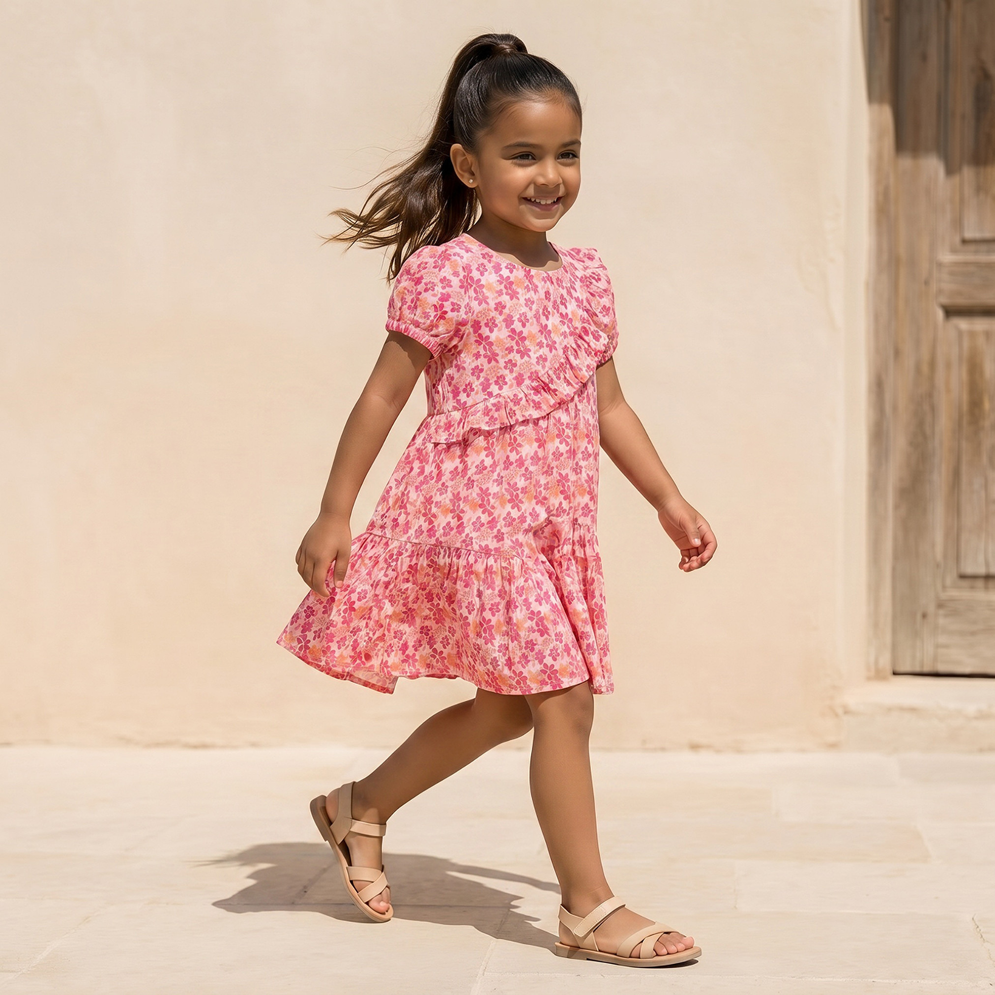 Juniors Round Neck Short Sleeves Knee Length A-line Dress with Floral Print-girls-clothing-dressesandjumpsuits-image-1