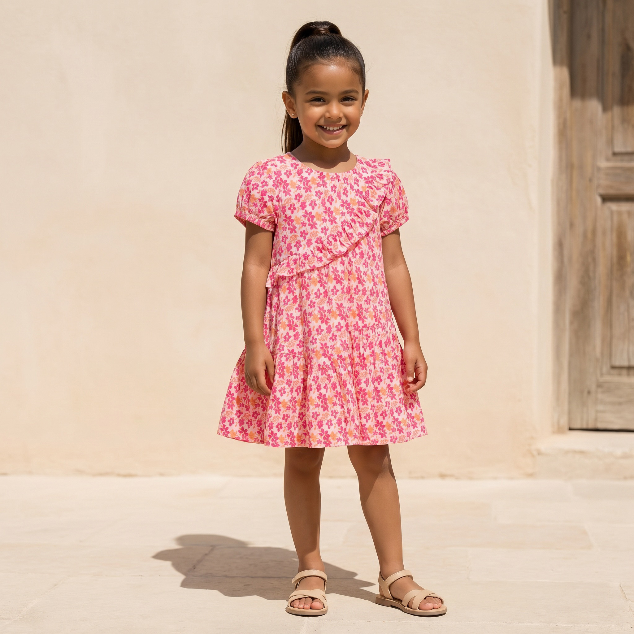 Juniors Round Neck Short Sleeves Knee Length A-line Dress with Floral Print-girls-clothing-dressesandjumpsuits-image-2