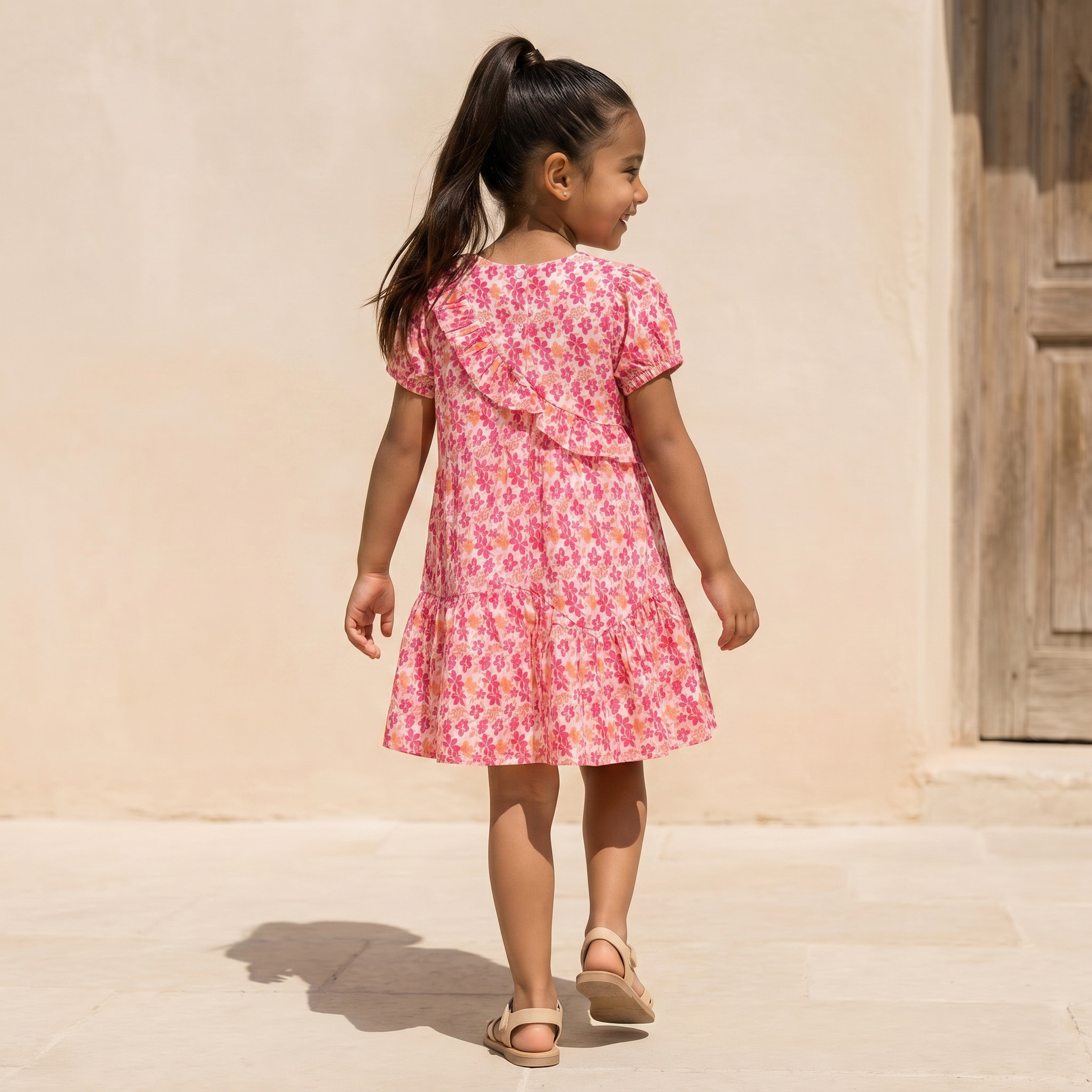 Juniors Round Neck Short Sleeves Knee Length A-line Dress with Floral Print-girls-clothing-dressesandjumpsuits-image-3