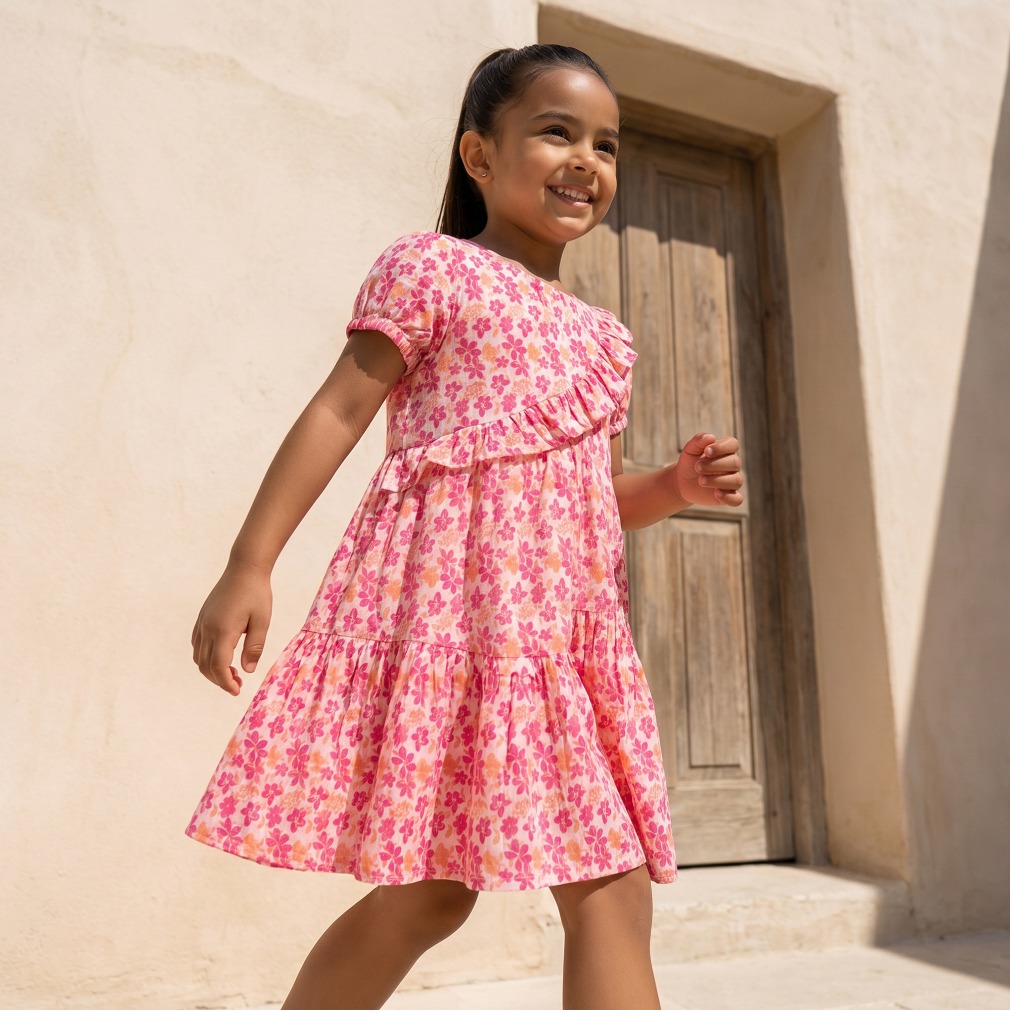 Juniors Round Neck Short Sleeves Knee Length A-line Dress with Floral Print-girls-clothing-dressesandjumpsuits-image-5