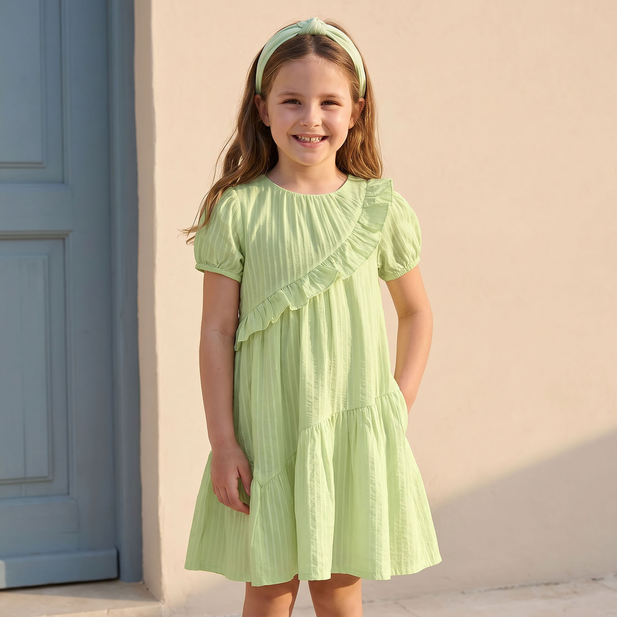 Juniors Round Neck Short Sleeves Knee Length Dress with Ruffles-girls-clothing-dressesandjumpsuits-image-1
