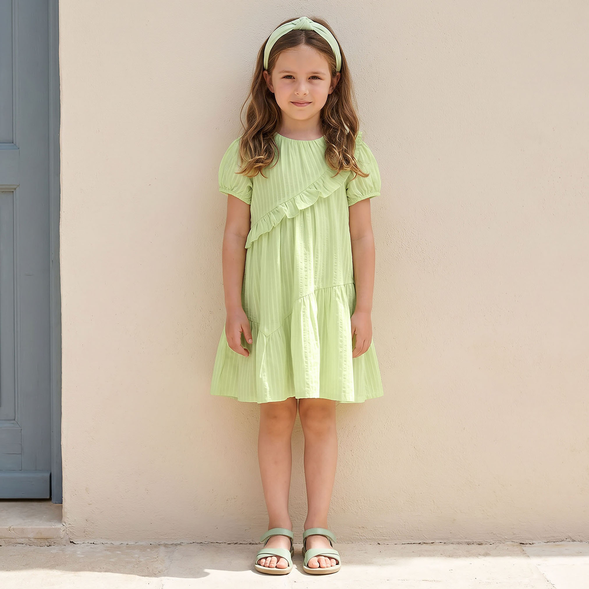 Juniors Round Neck Short Sleeves Knee Length Dress with Ruffles-girls-clothing-dressesandjumpsuits-image-2