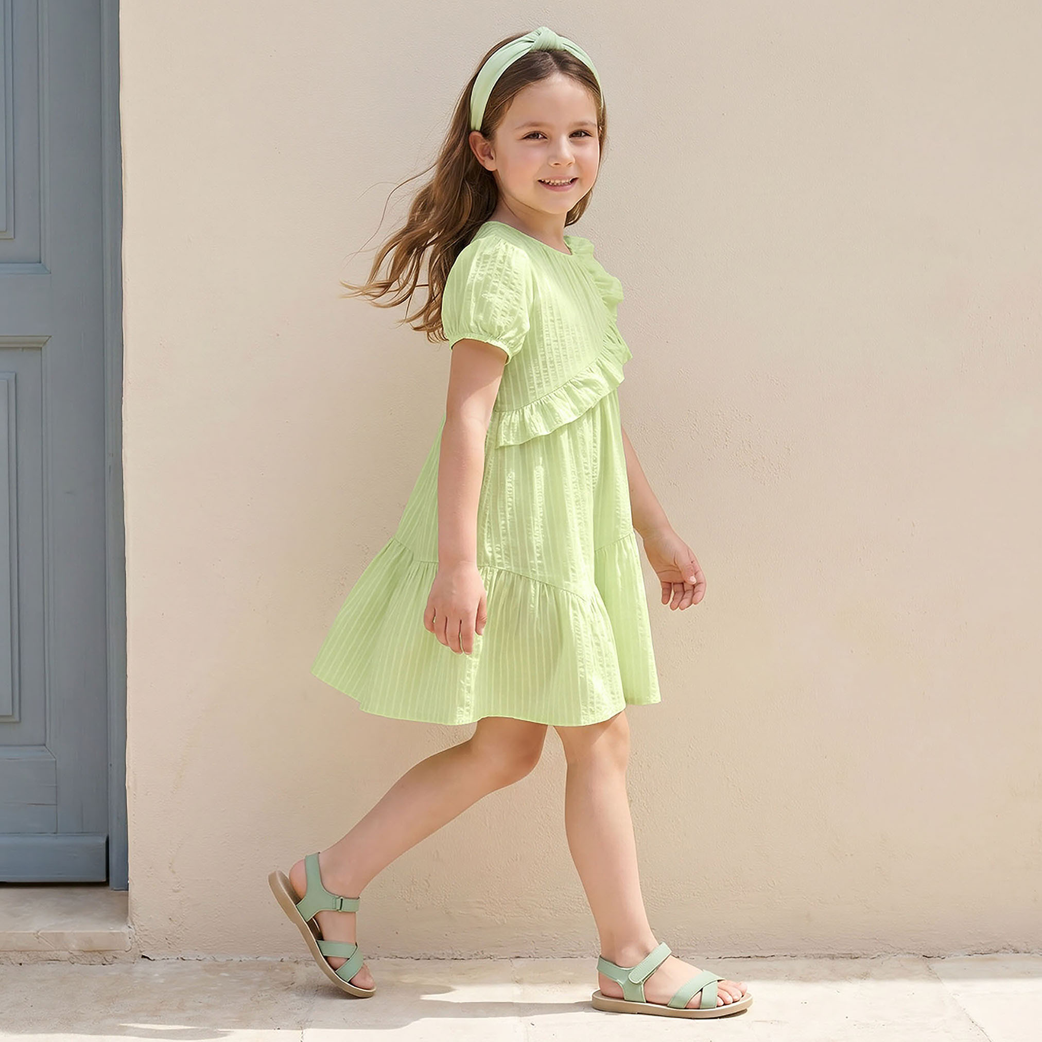 Juniors Round Neck Short Sleeves Knee Length Dress with Ruffles-girls-clothing-dressesandjumpsuits-image-5