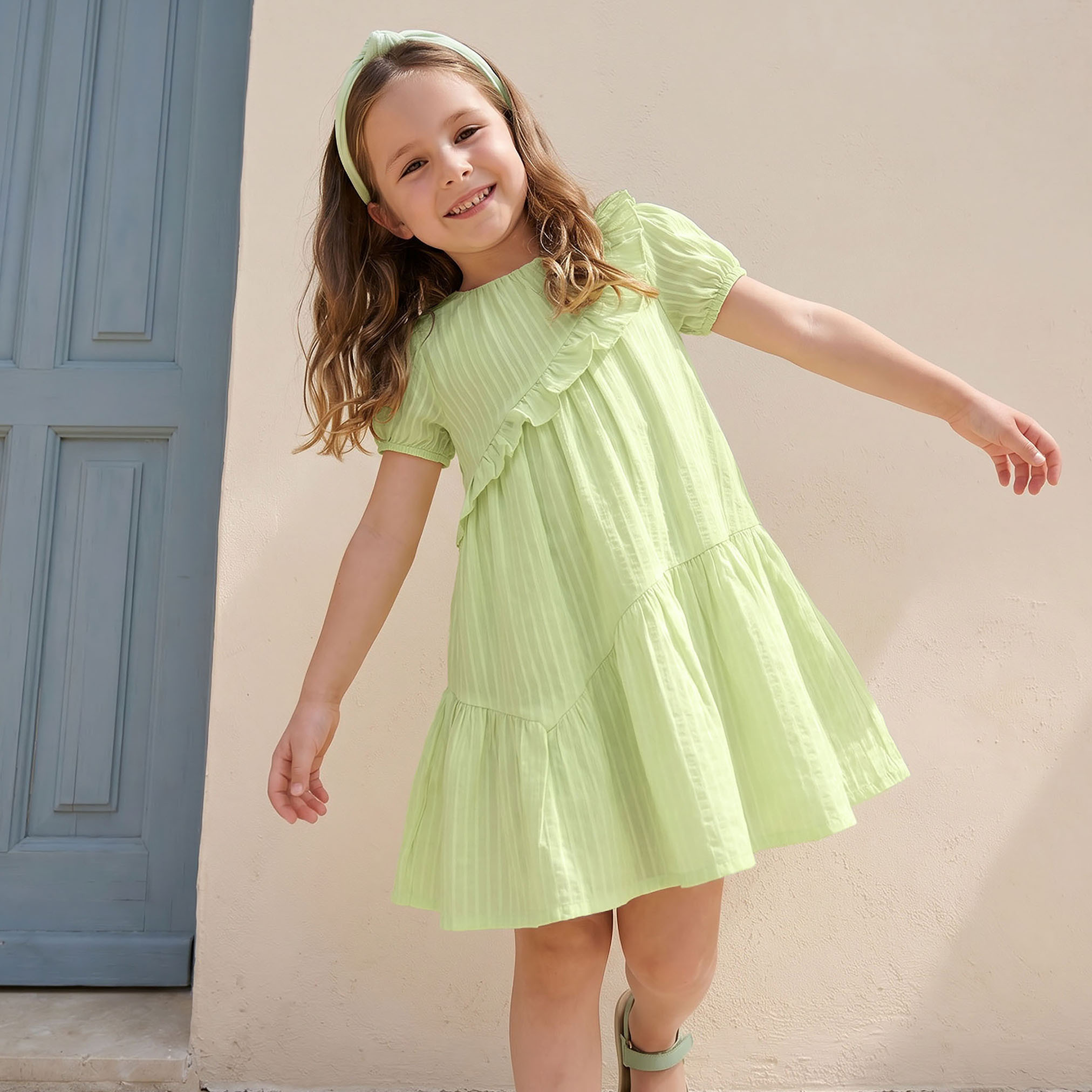 Juniors Round Neck Short Sleeves Knee Length Dress with Ruffles-girls-clothing-dressesandjumpsuits-image-6