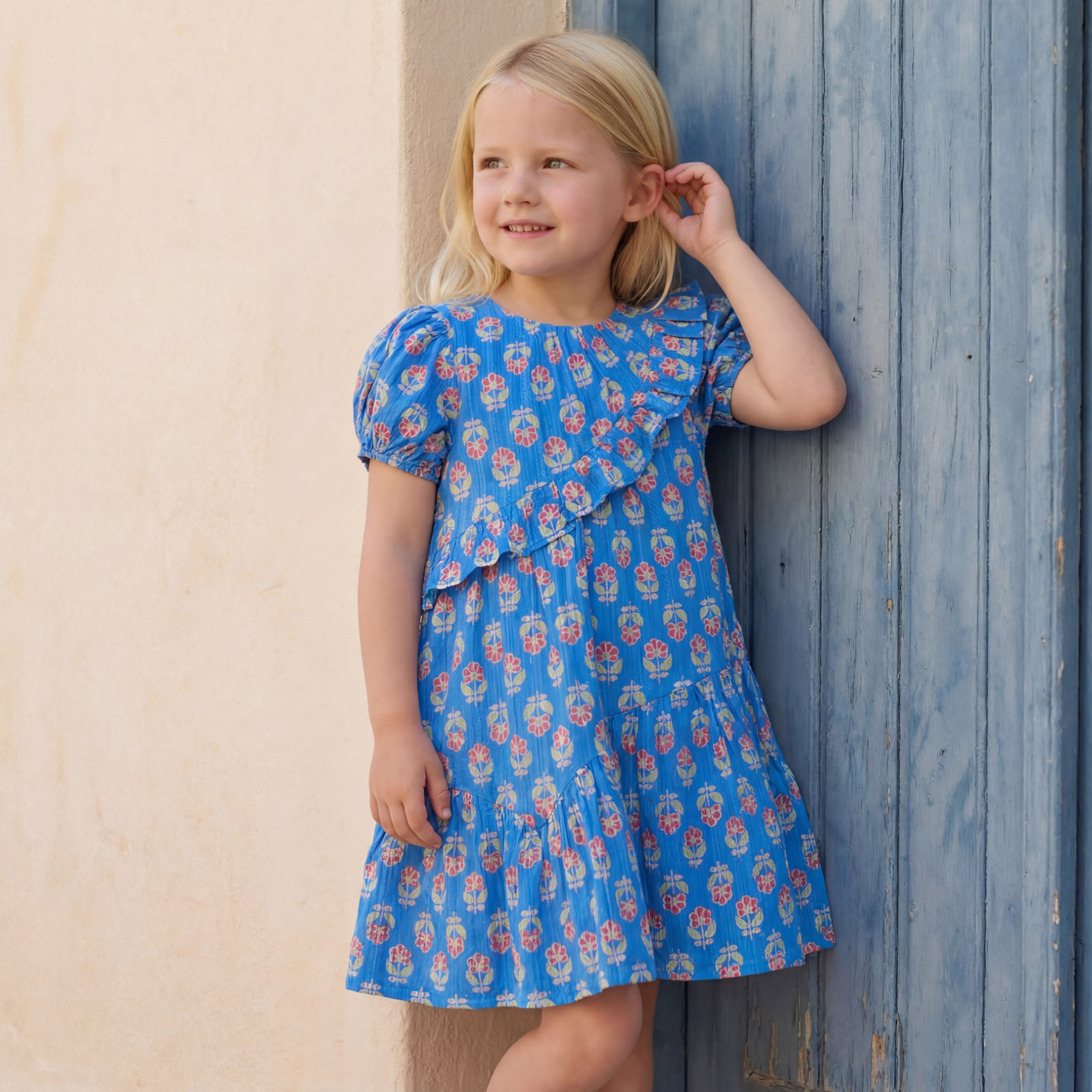 Juniors Round Neck Short Sleeves Knee Length A-Line Dress with Floral Print-girls-clothing-dressesandjumpsuits-image-1
