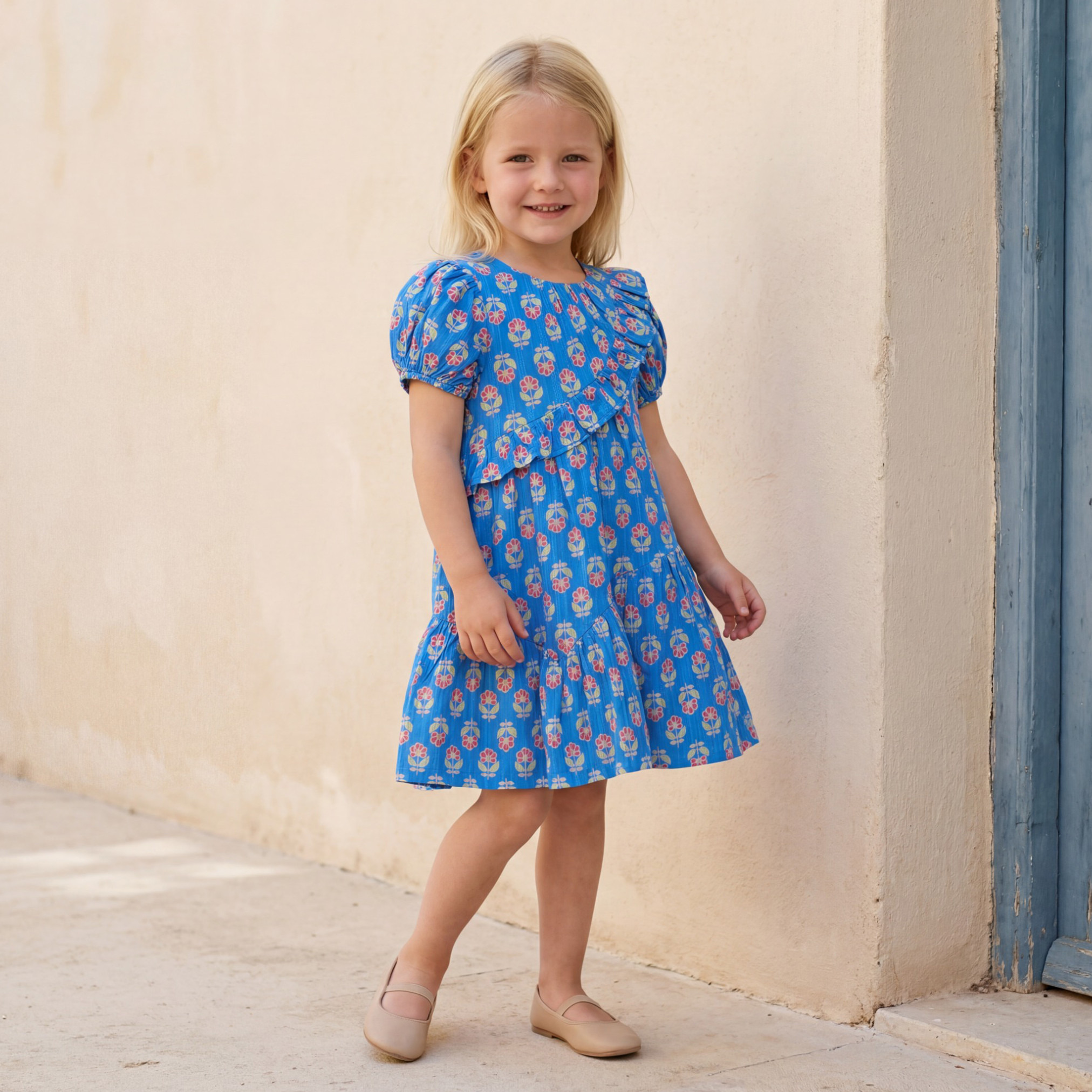 Juniors Round Neck Short Sleeves Knee Length A-Line Dress with Floral Print-girls-clothing-dressesandjumpsuits-image-2