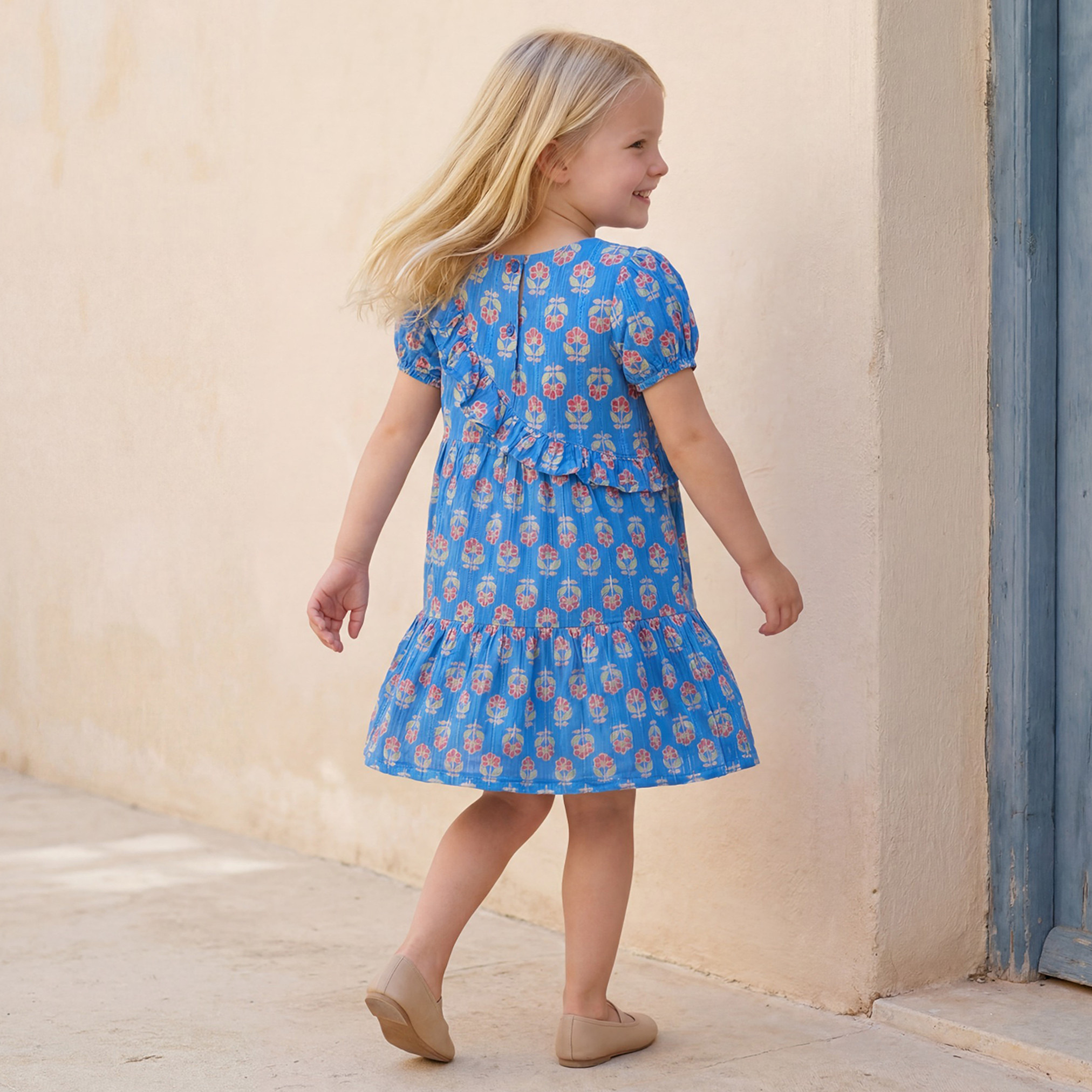 Juniors Round Neck Short Sleeves Knee Length A-Line Dress with Floral Print-girls-clothing-dressesandjumpsuits-image-3