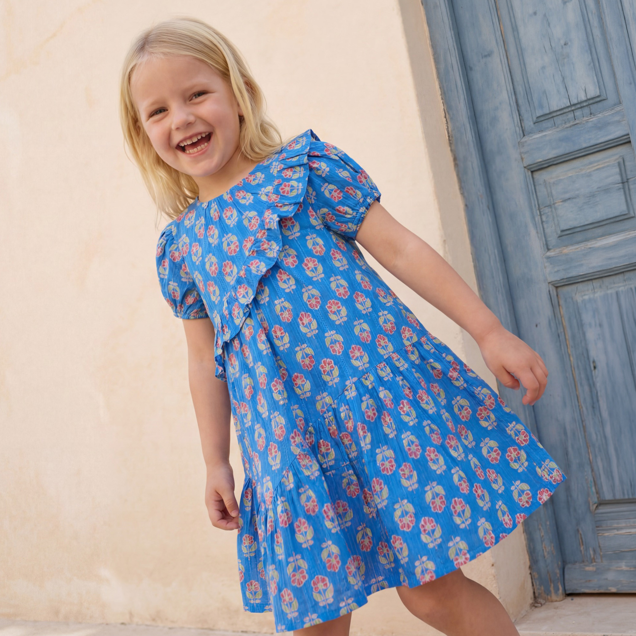 Juniors Round Neck Short Sleeves Knee Length A-Line Dress with Floral Print-girls-clothing-dressesandjumpsuits-image-5