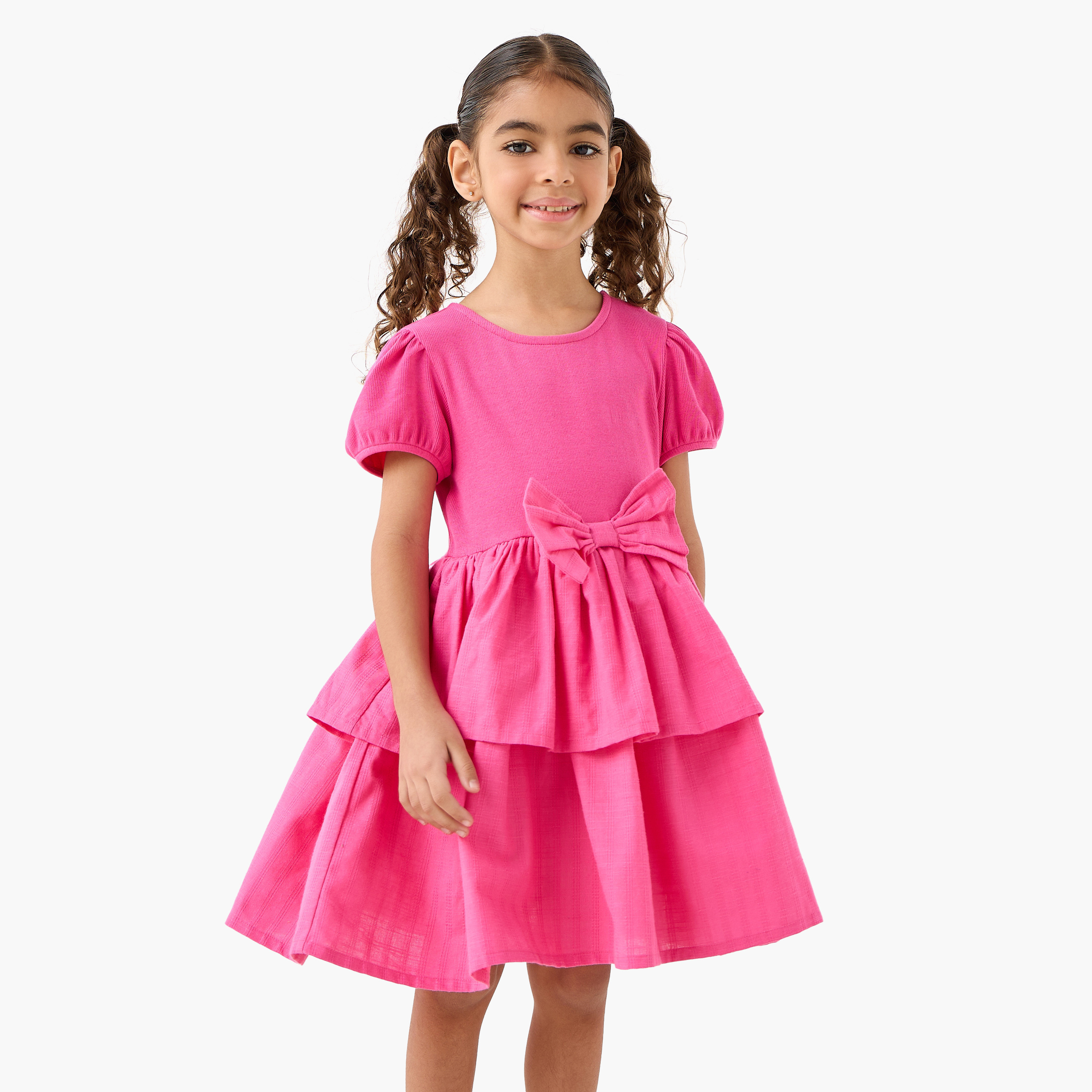 Juniors Round Neck Short Sleeve Dress with Bow Accent-girls-clothing-dressesandjumpsuits-image-1