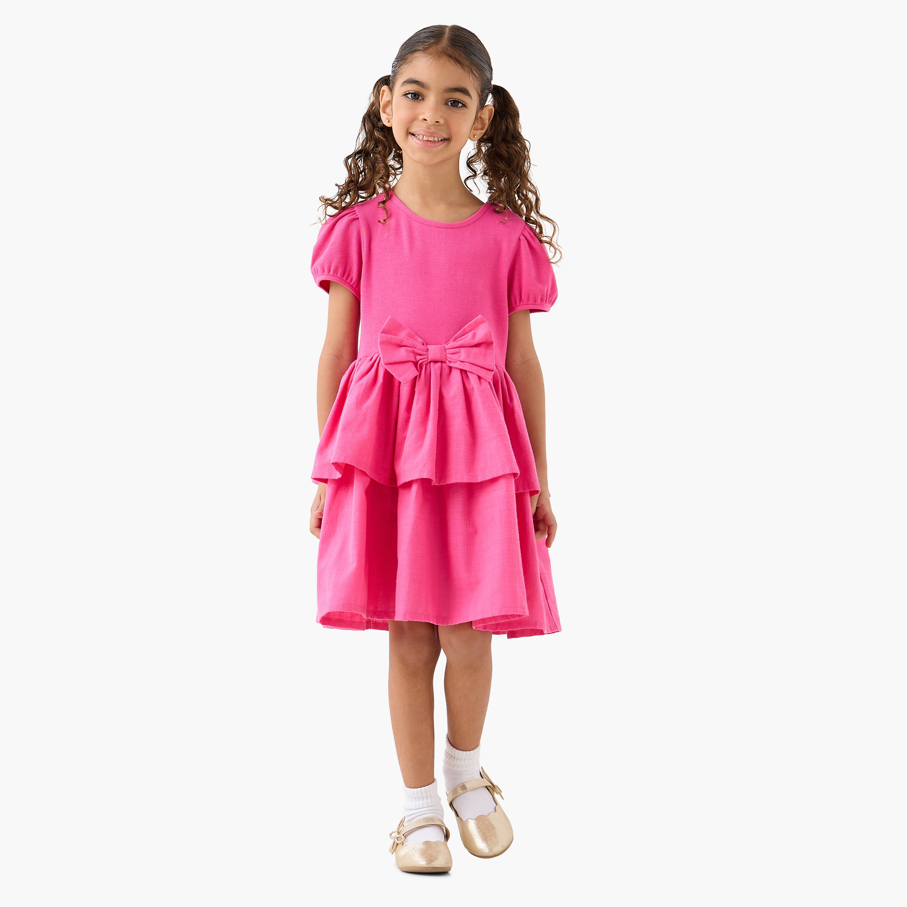 Juniors Round Neck Short Sleeve Dress with Bow Accent-girls-clothing-dressesandjumpsuits-image-2