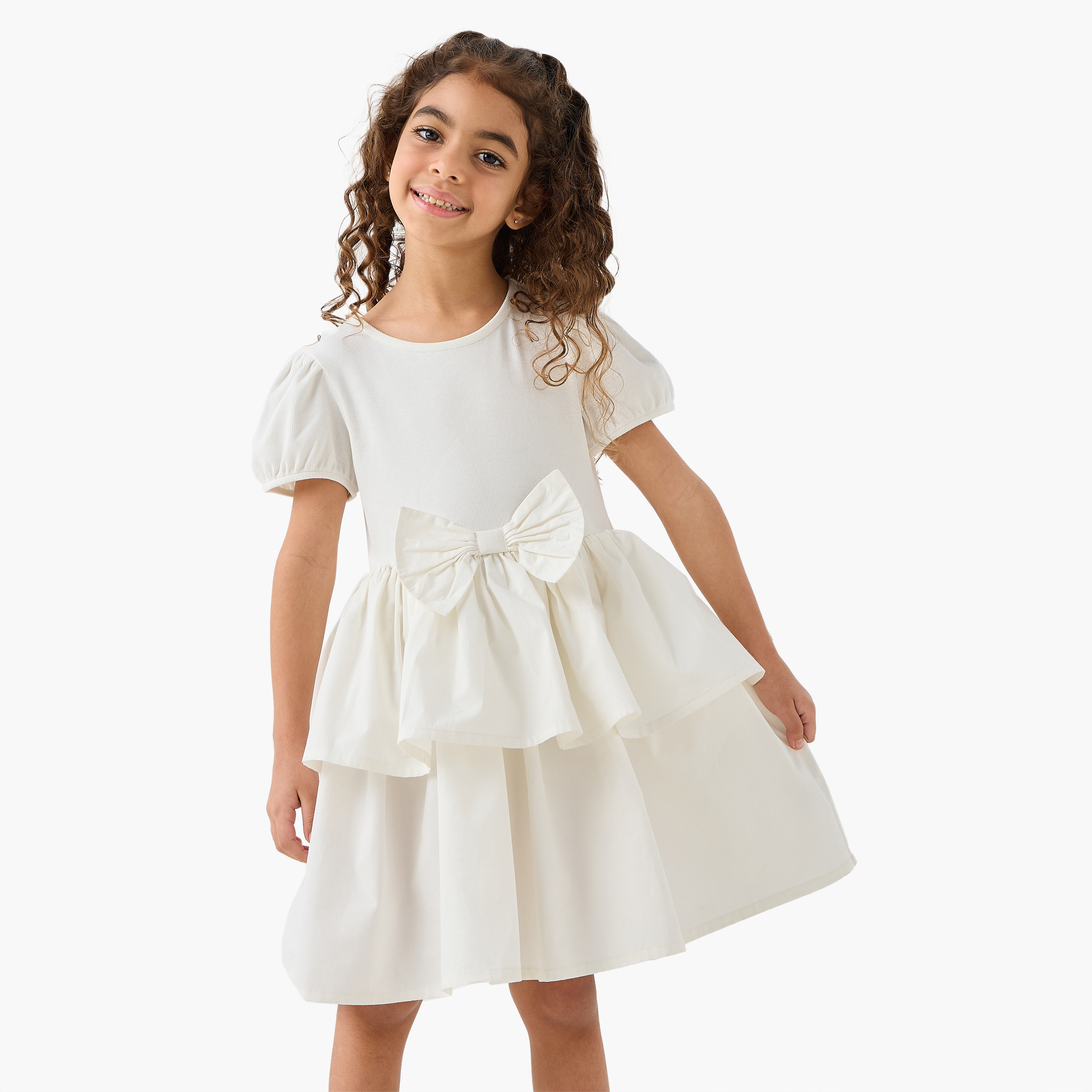 Juniors Round Neck Short Sleeve Dress with Bow Accent-girls-clothing-dressesandjumpsuits-image-1