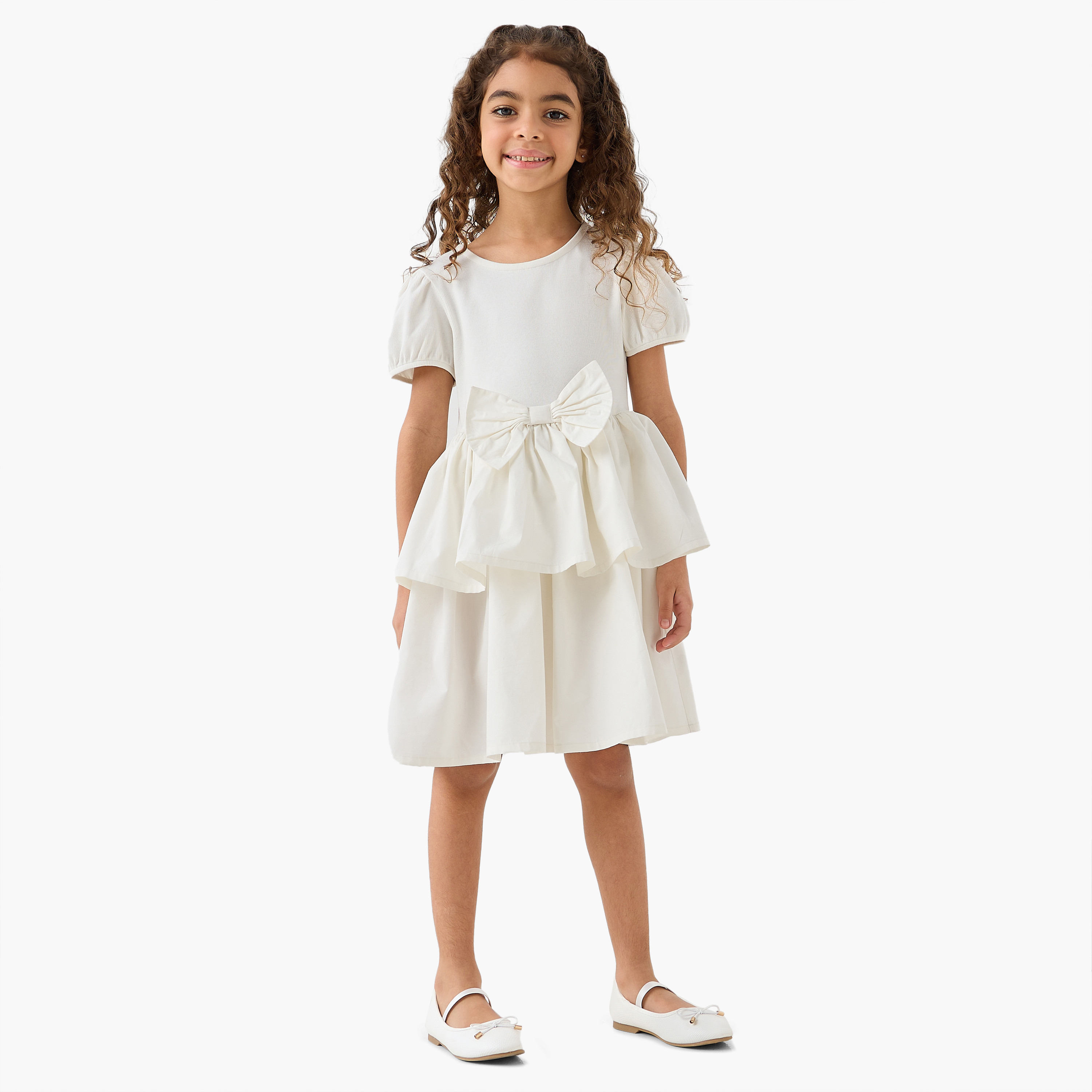 Juniors Round Neck Short Sleeve Dress with Bow Accent-girls-clothing-dressesandjumpsuits-image-2