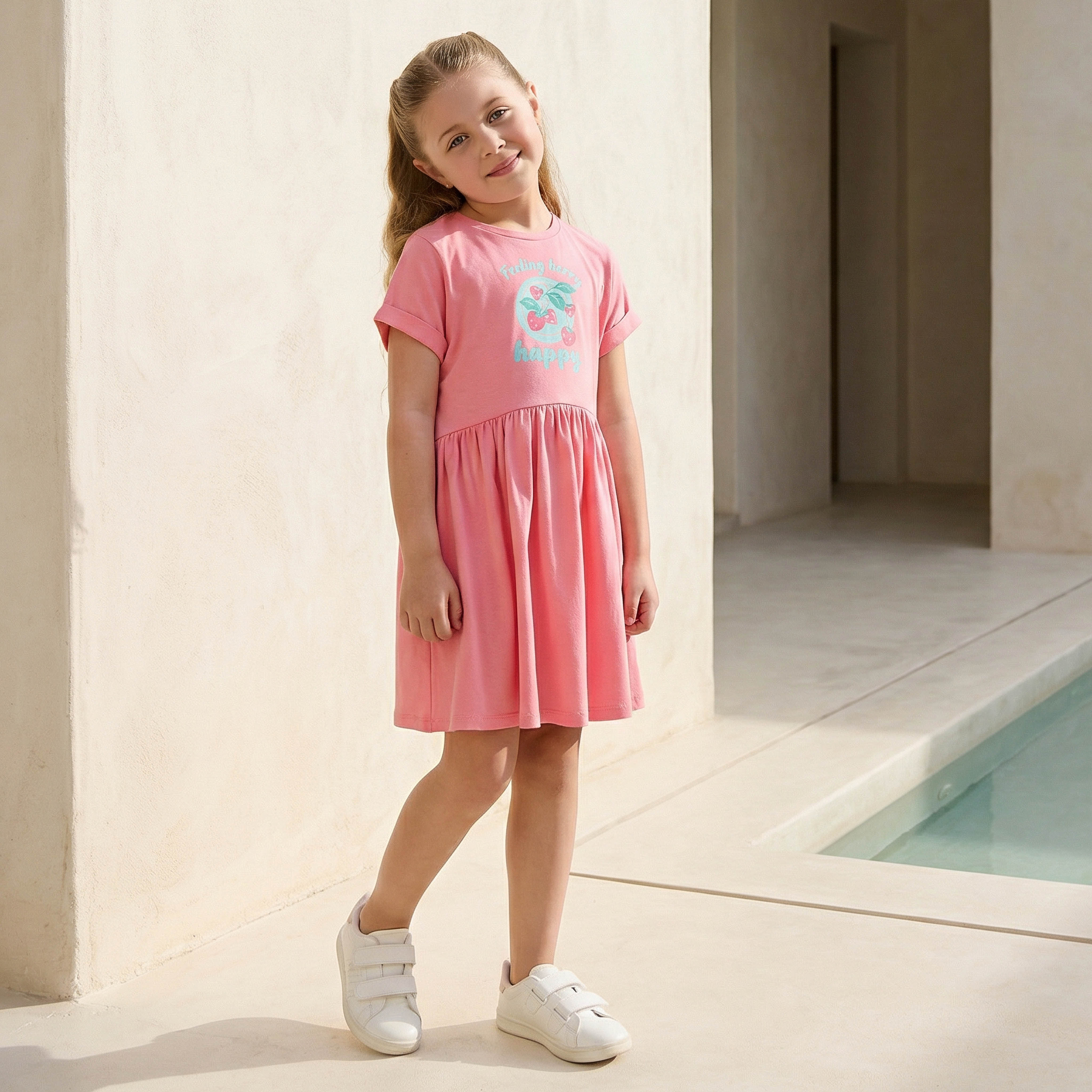 Juniors Round Neck Short Sleeves Knee Length A-line Dress with Strawberry Print-girls-clothing-dressesandjumpsuits-image-1