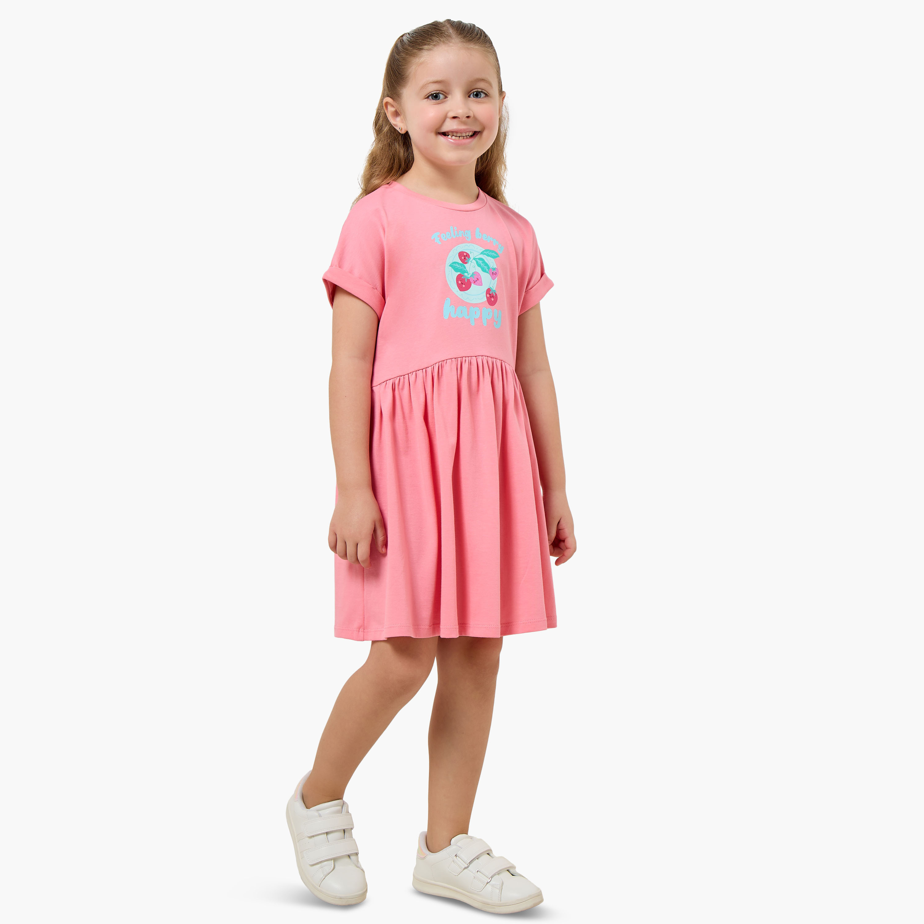 Juniors Round Neck Short Sleeves Knee Length A-line Dress with Strawberry Print-girls-clothing-dressesandjumpsuits-image-2