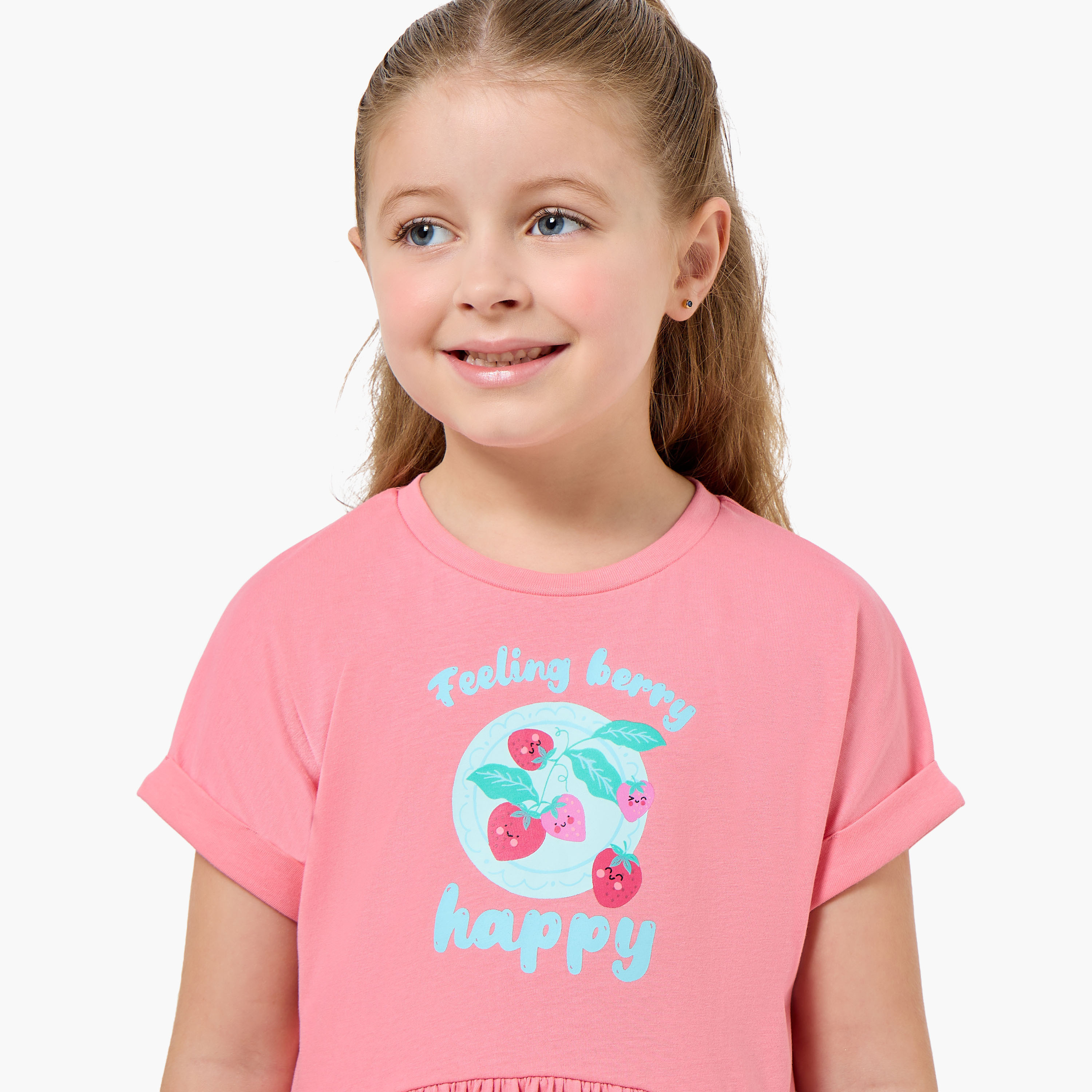Juniors Round Neck Short Sleeves Knee Length A-line Dress with Strawberry Print-girls-clothing-dressesandjumpsuits-image-4