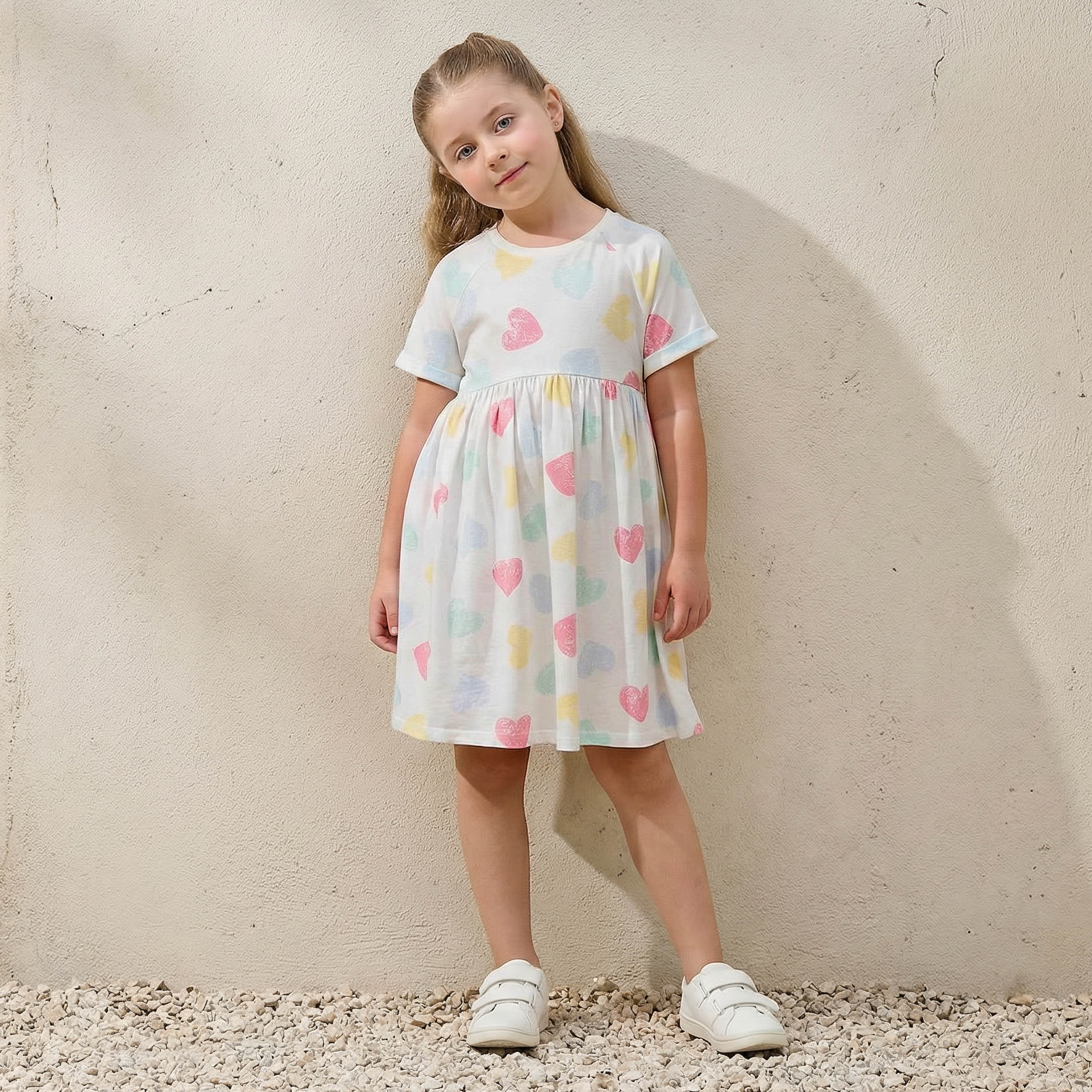 Juniors Round Neck Short Sleeves Knee Length A-line Dress with Heart Print-girls-clothing-dressesandjumpsuits-image-1