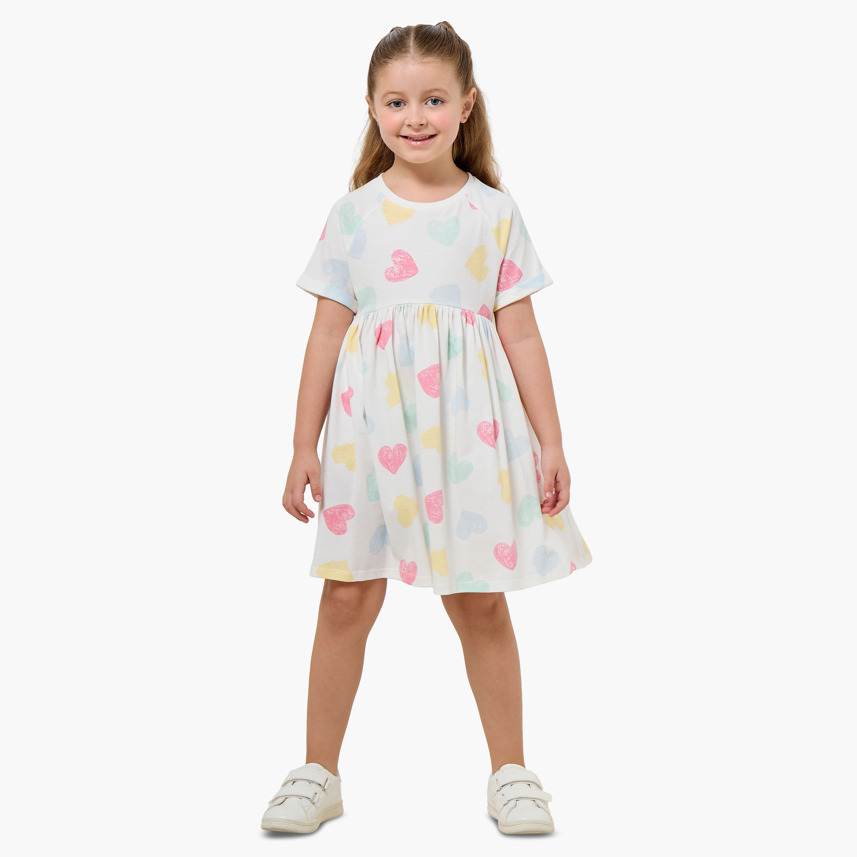 Juniors Round Neck Short Sleeves Knee Length A-line Dress with Heart Print-girls-clothing-dressesandjumpsuits-image-2
