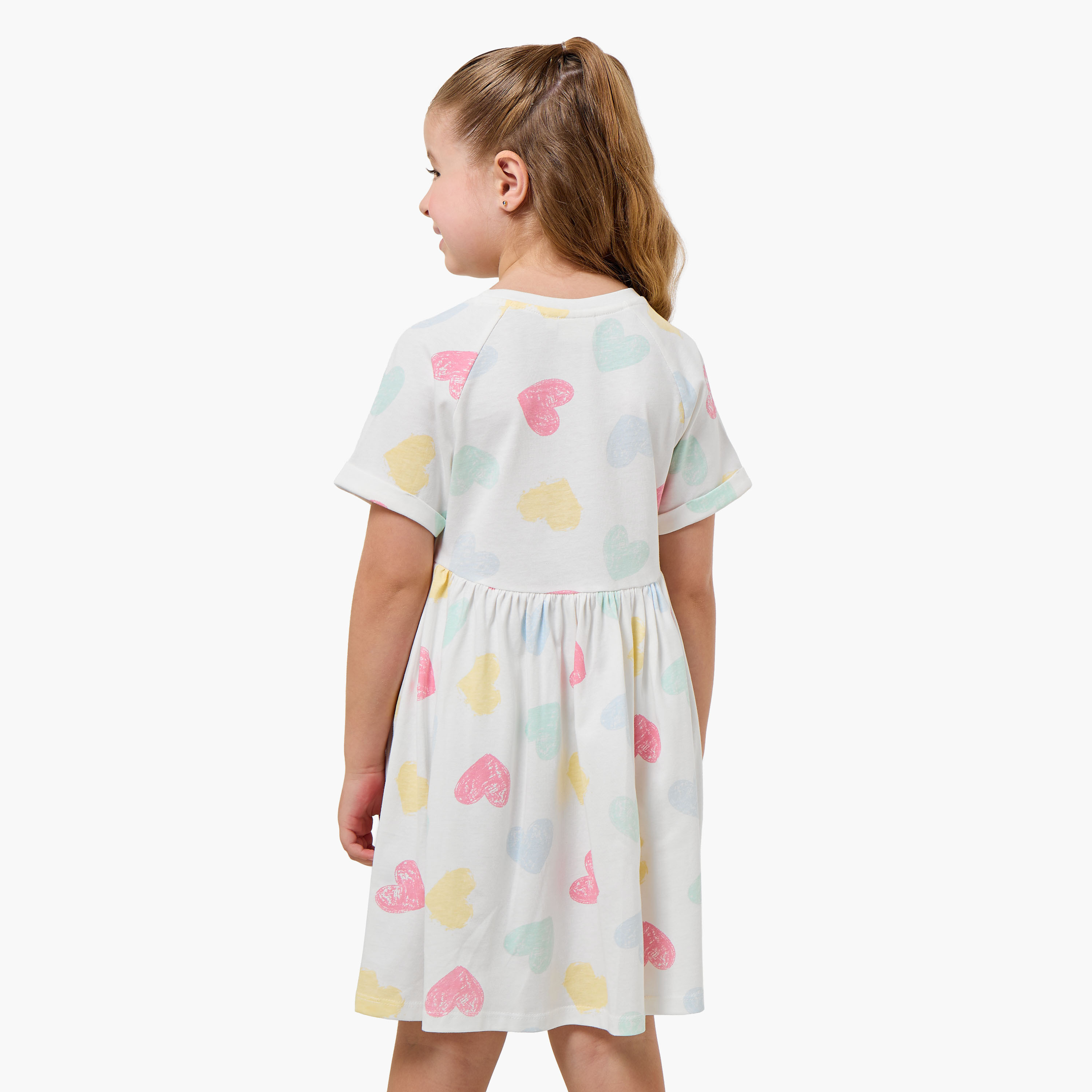 Juniors Round Neck Short Sleeves Knee Length A-line Dress with Heart Print-girls-clothing-dressesandjumpsuits-image-3