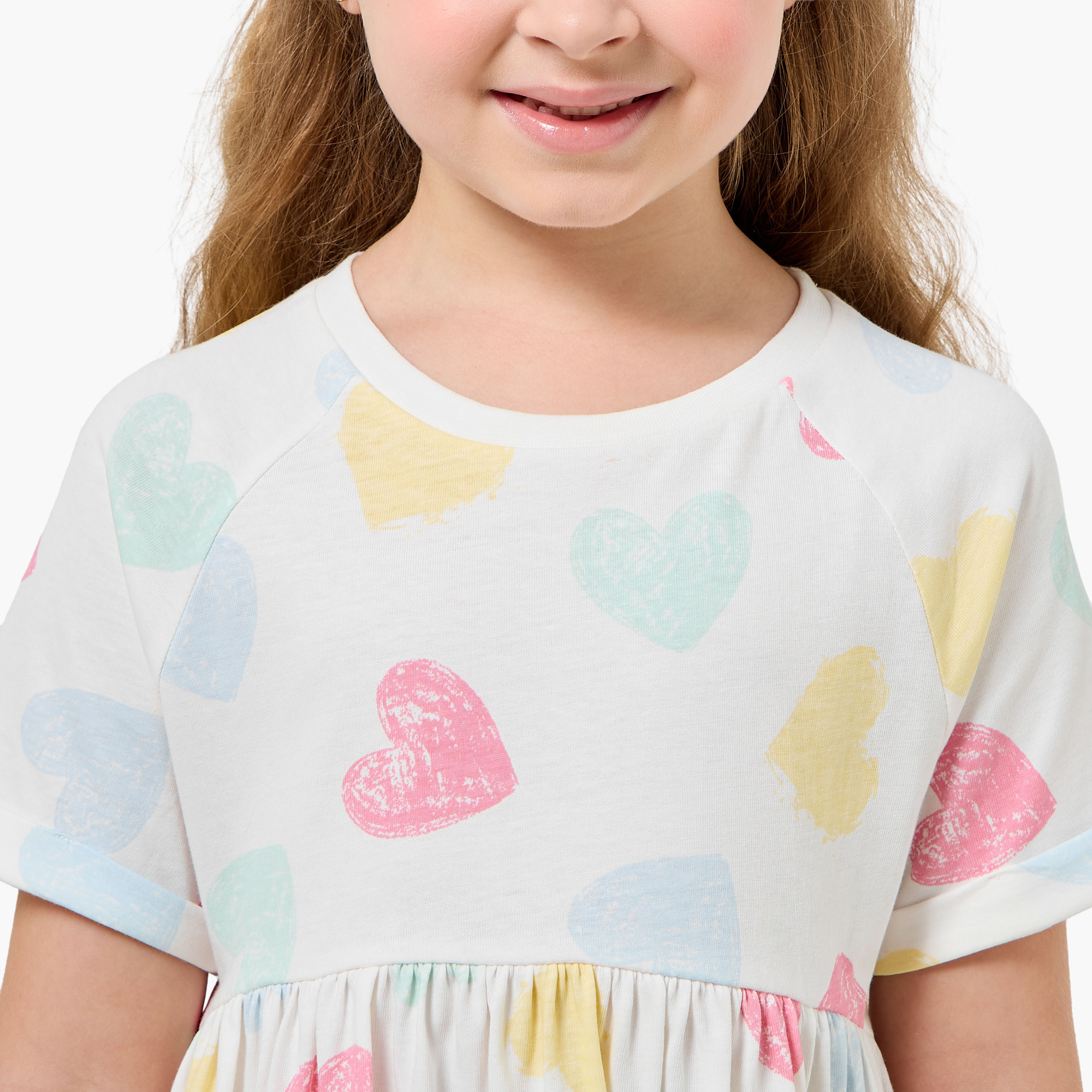 Juniors Round Neck Short Sleeves Knee Length A-line Dress with Heart Print-girls-clothing-dressesandjumpsuits-image-4
