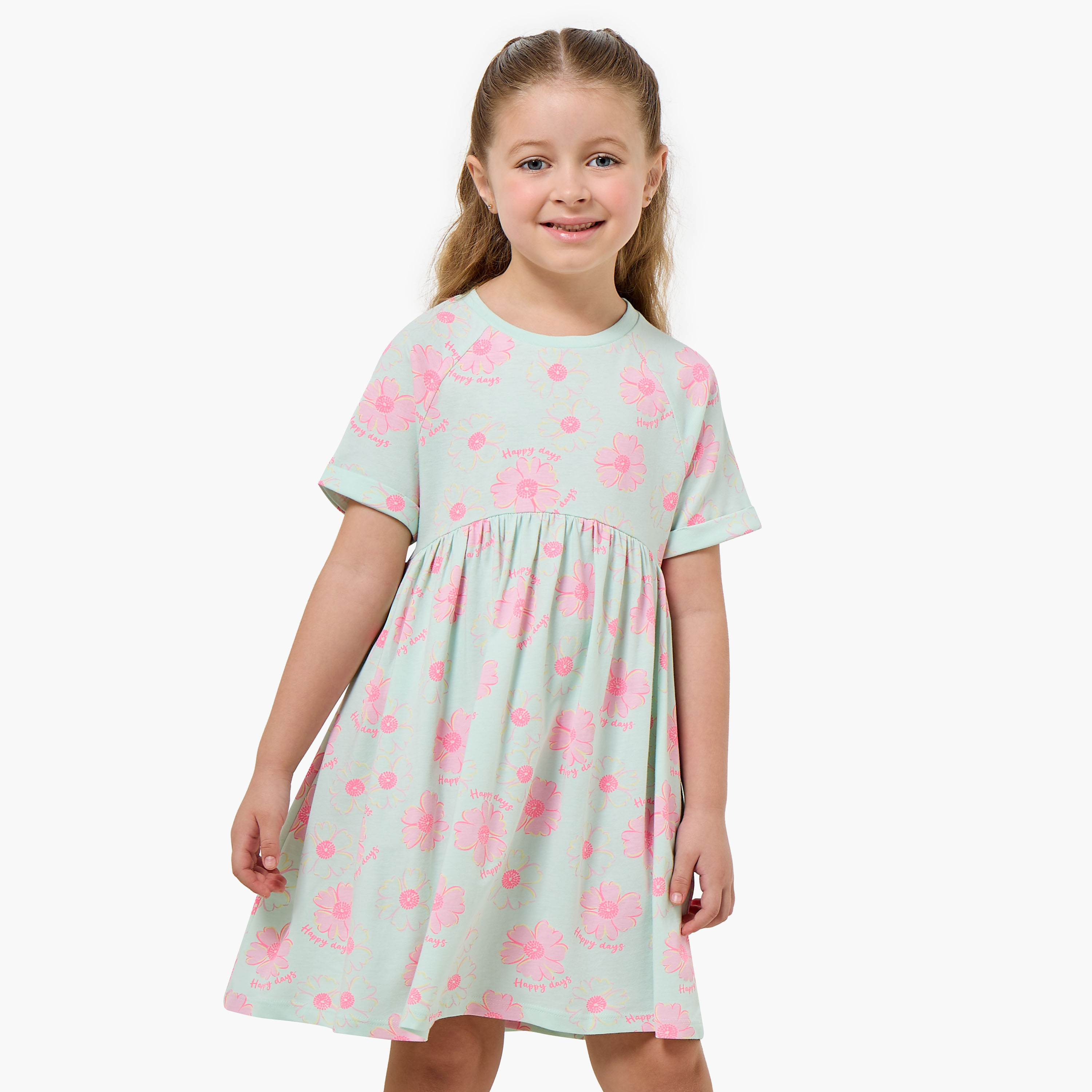 Juniors Round Neck Short Sleeves Knee Length A-line Dress with Floral Print-girls-clothing-dressesandjumpsuits-image-1
