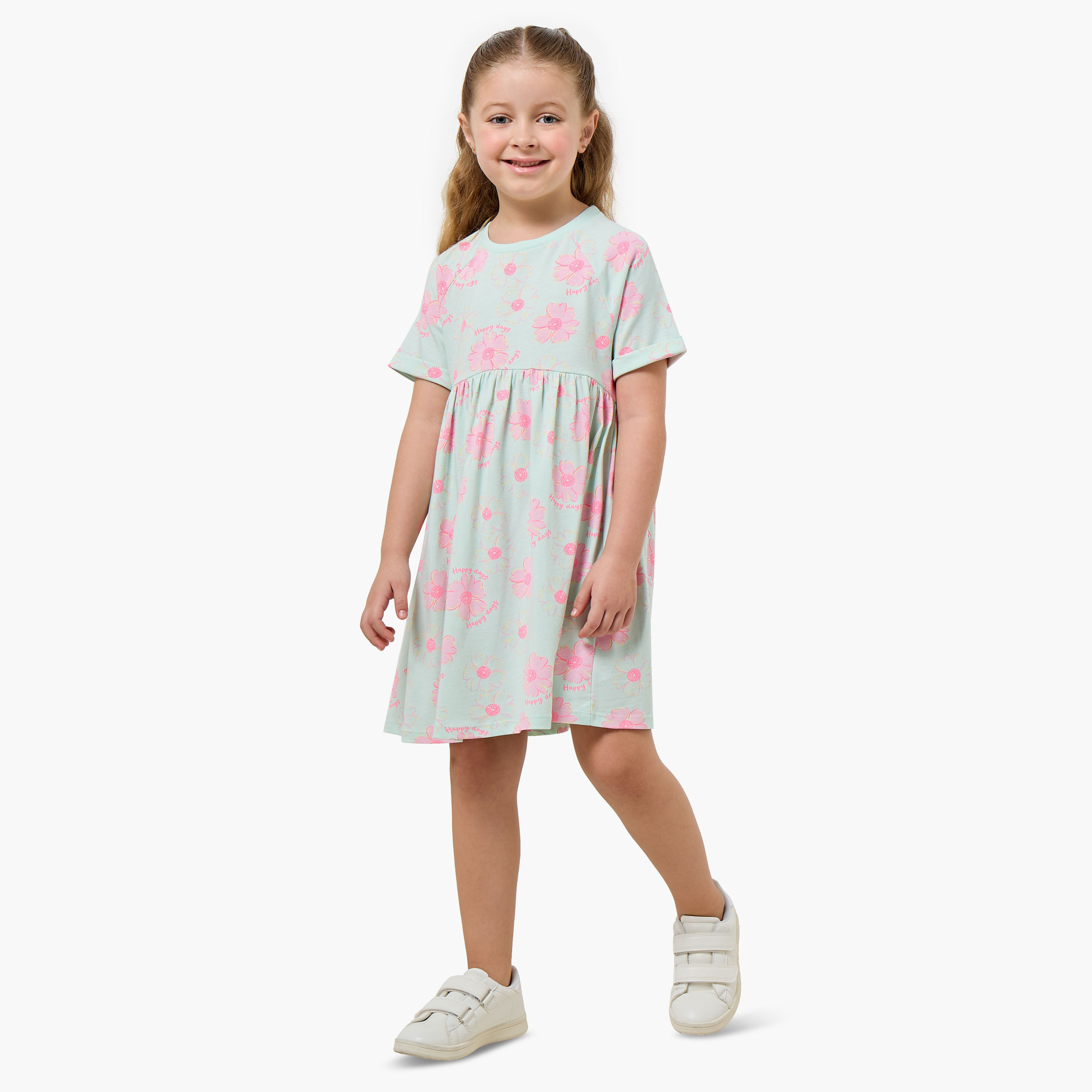 Juniors Round Neck Short Sleeves Knee Length A-line Dress with Floral Print-girls-clothing-dressesandjumpsuits-image-2