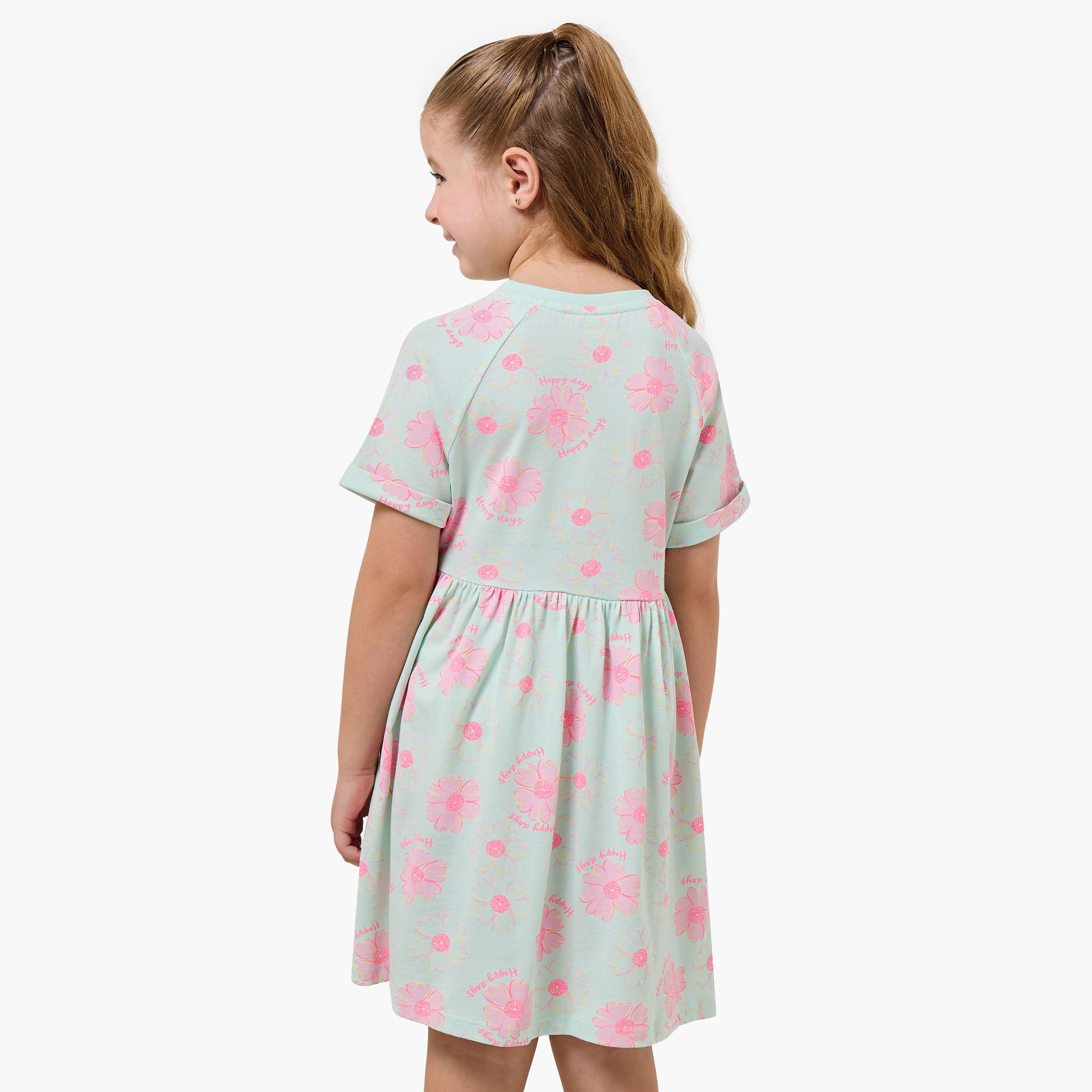 Juniors Round Neck Short Sleeves Knee Length A-line Dress with Floral Print-girls-clothing-dressesandjumpsuits-image-3