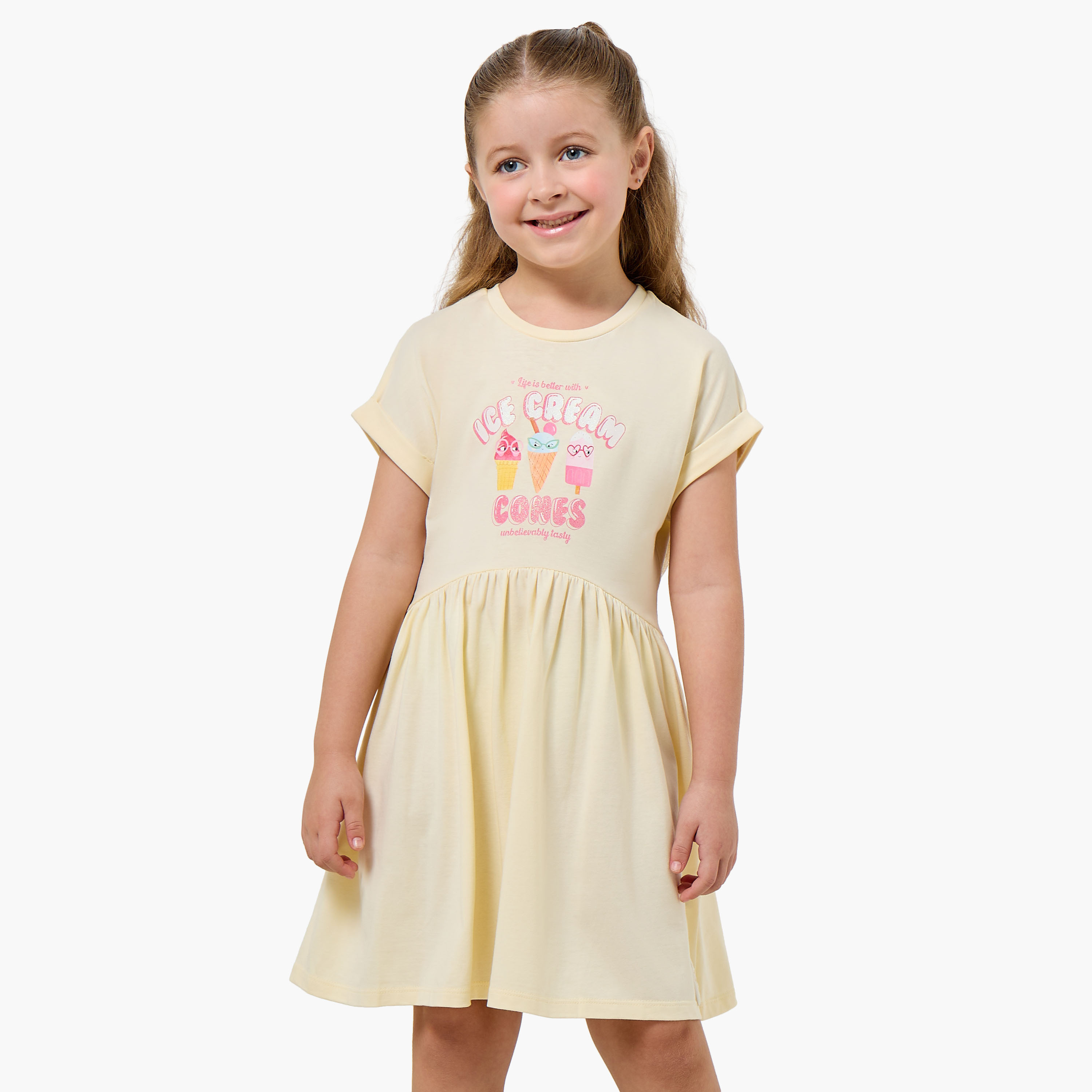 Juniors Round Neck Short Sleeves Knee Length A-line Dress with Ice Cream Print-girls-clothing-dressesandjumpsuits-image-1