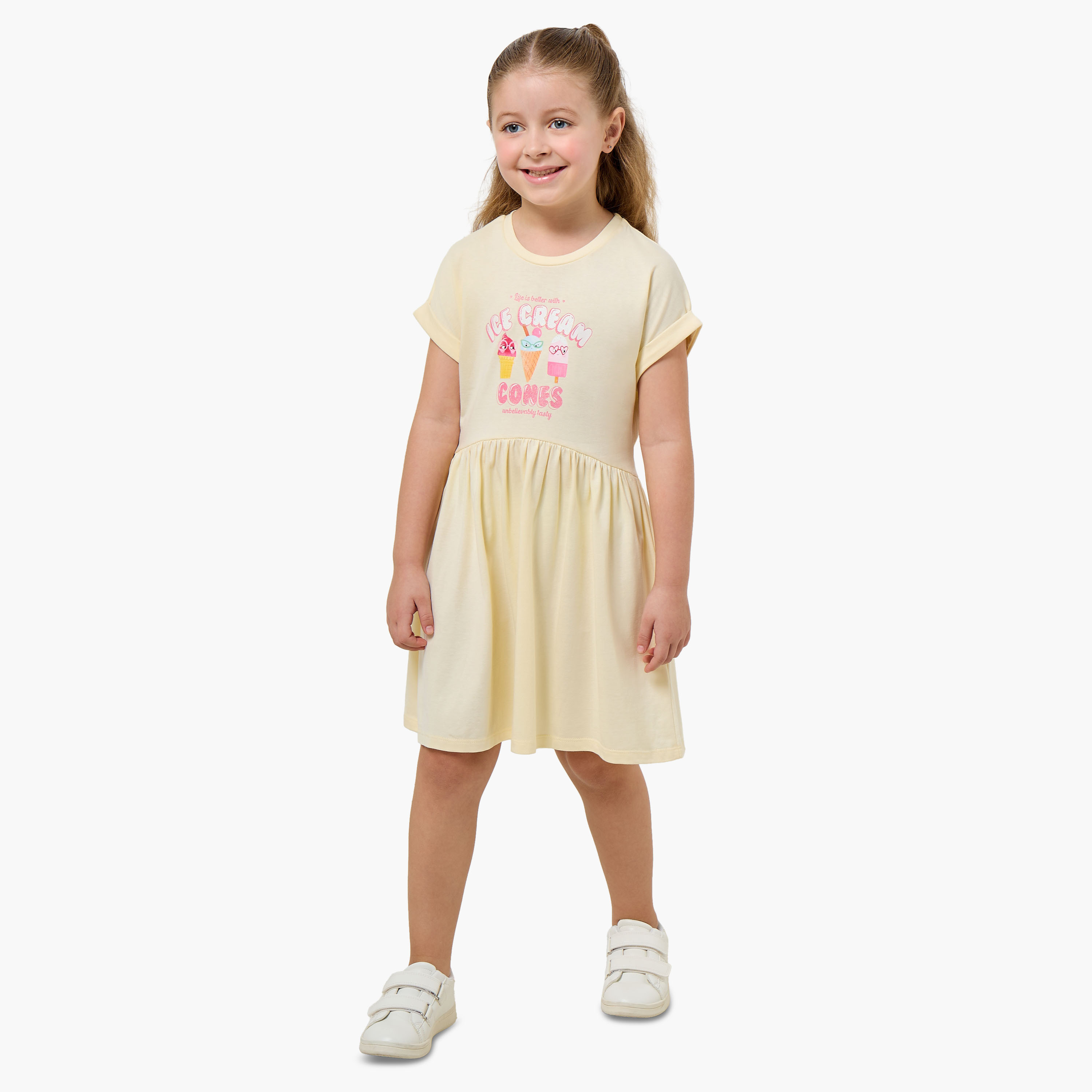 Juniors Round Neck Short Sleeves Knee Length A-line Dress with Ice Cream Print-girls-clothing-dressesandjumpsuits-image-2