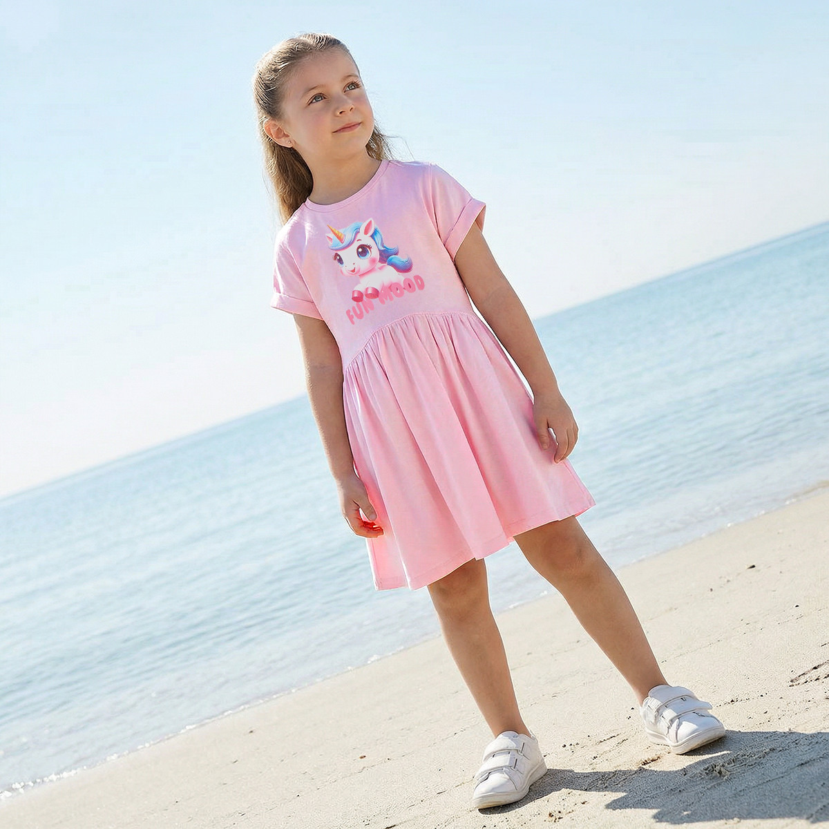 Juniors Round Neck Short Sleeves Knee Length A-line Dress with Unicorn Print-girls-clothing-dressesandjumpsuits-image-1