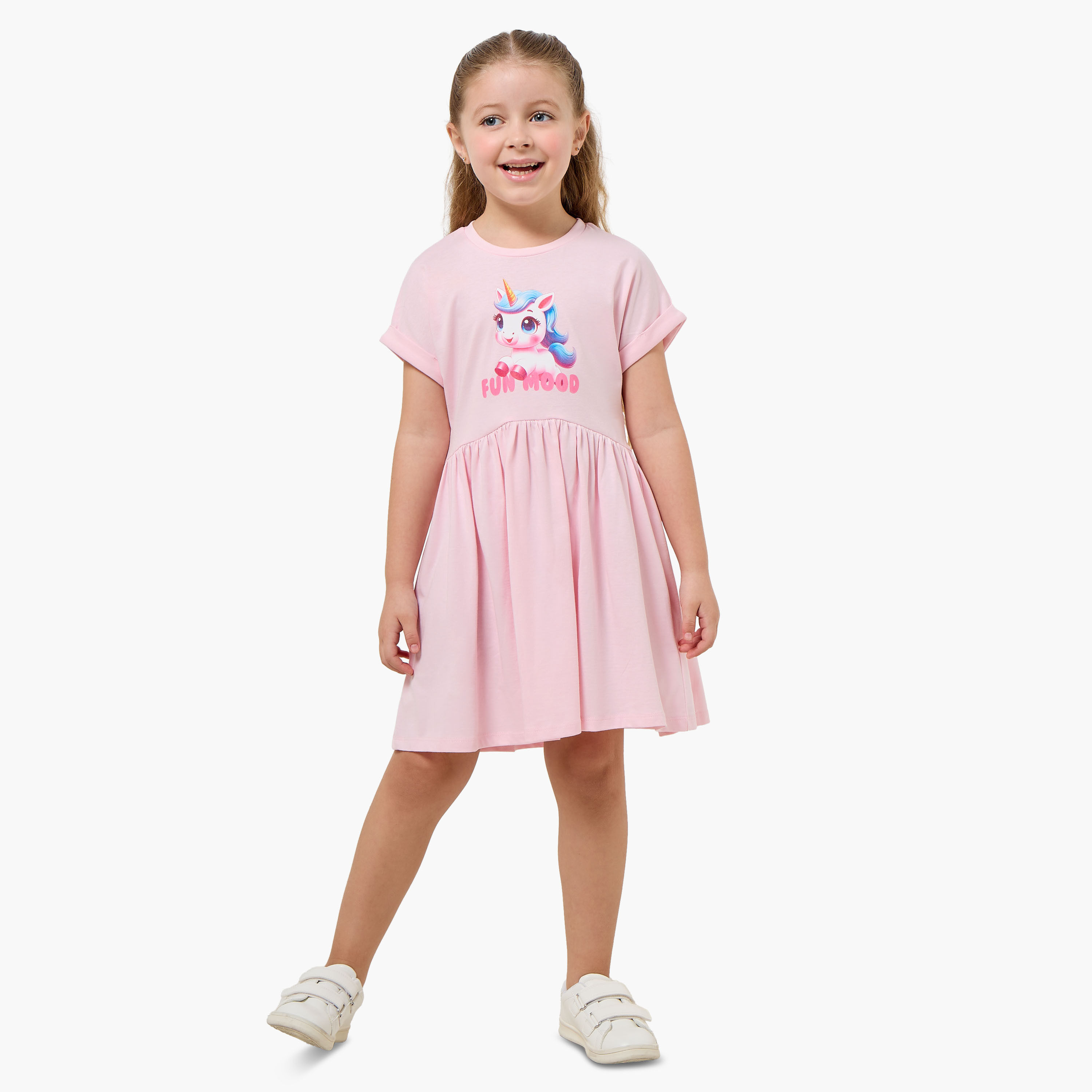 Juniors Round Neck Short Sleeves Knee Length A-line Dress with Unicorn Print-girls-clothing-dressesandjumpsuits-image-2