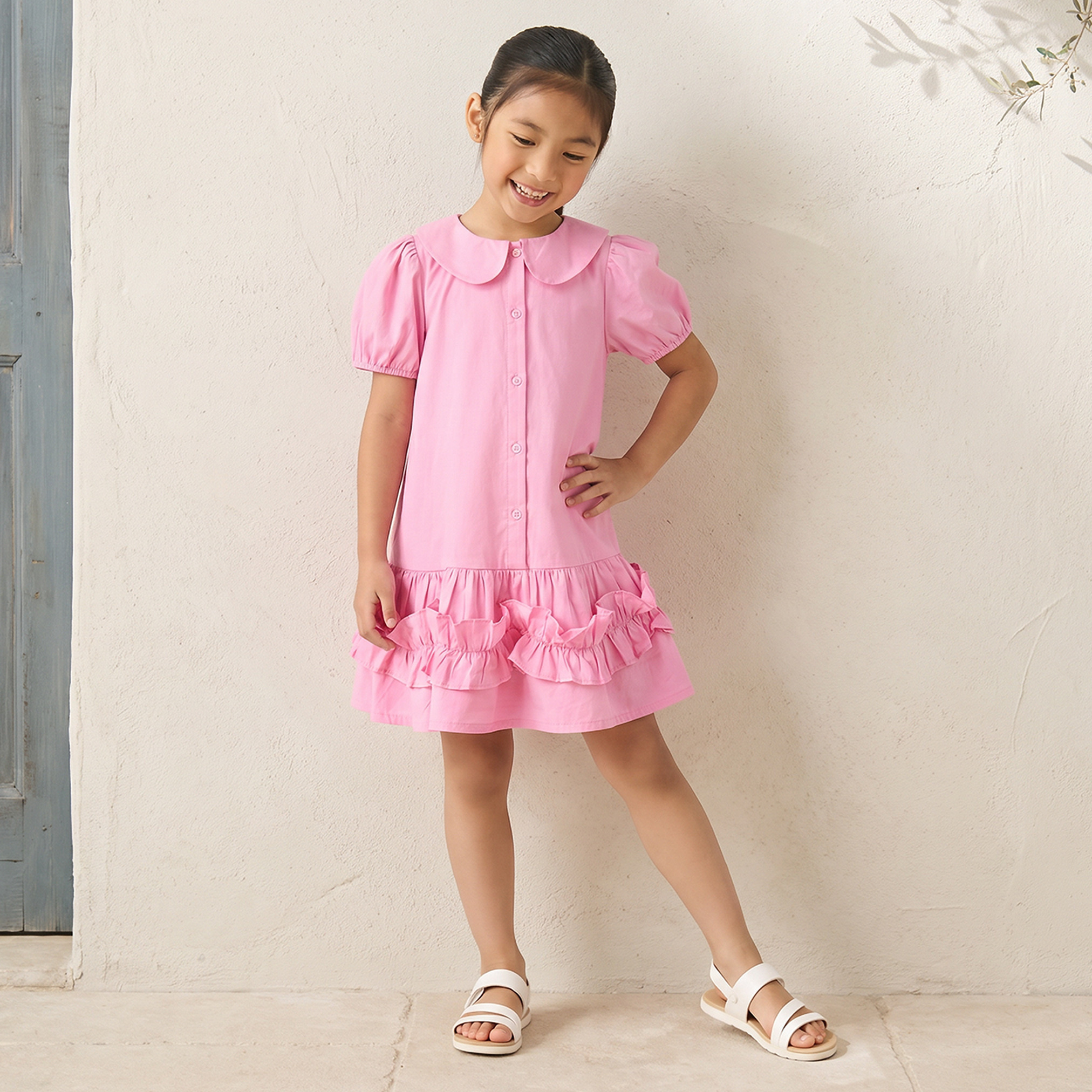 Juniors Peter Pan Collar Short Sleeves Drop Waist Dress with Ruffle Design-girls-clothing-dressesandjumpsuits-image-1