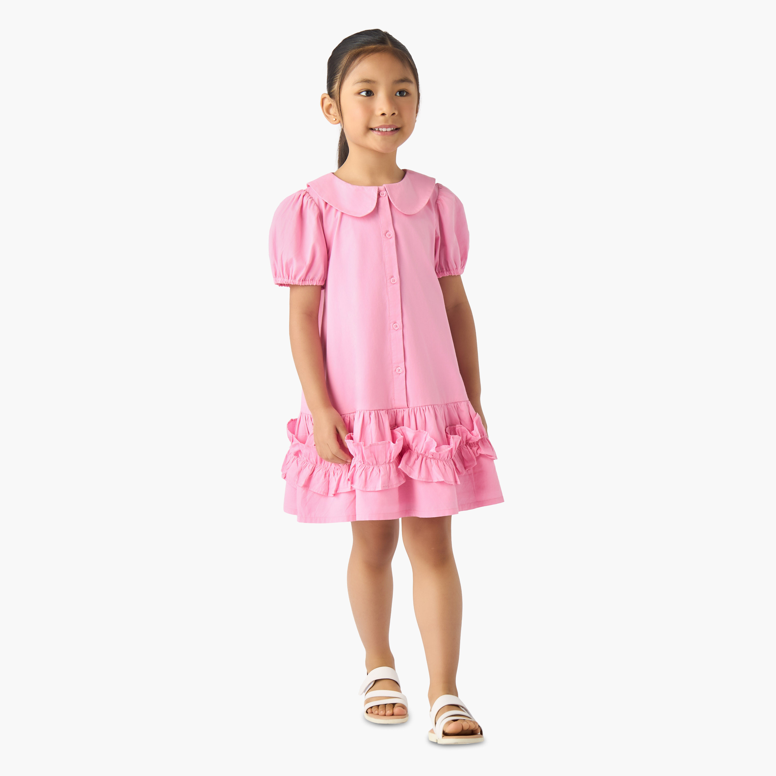 Juniors Peter Pan Collar Short Sleeves Drop Waist Dress with Ruffle Design-girls-clothing-dressesandjumpsuits-image-2